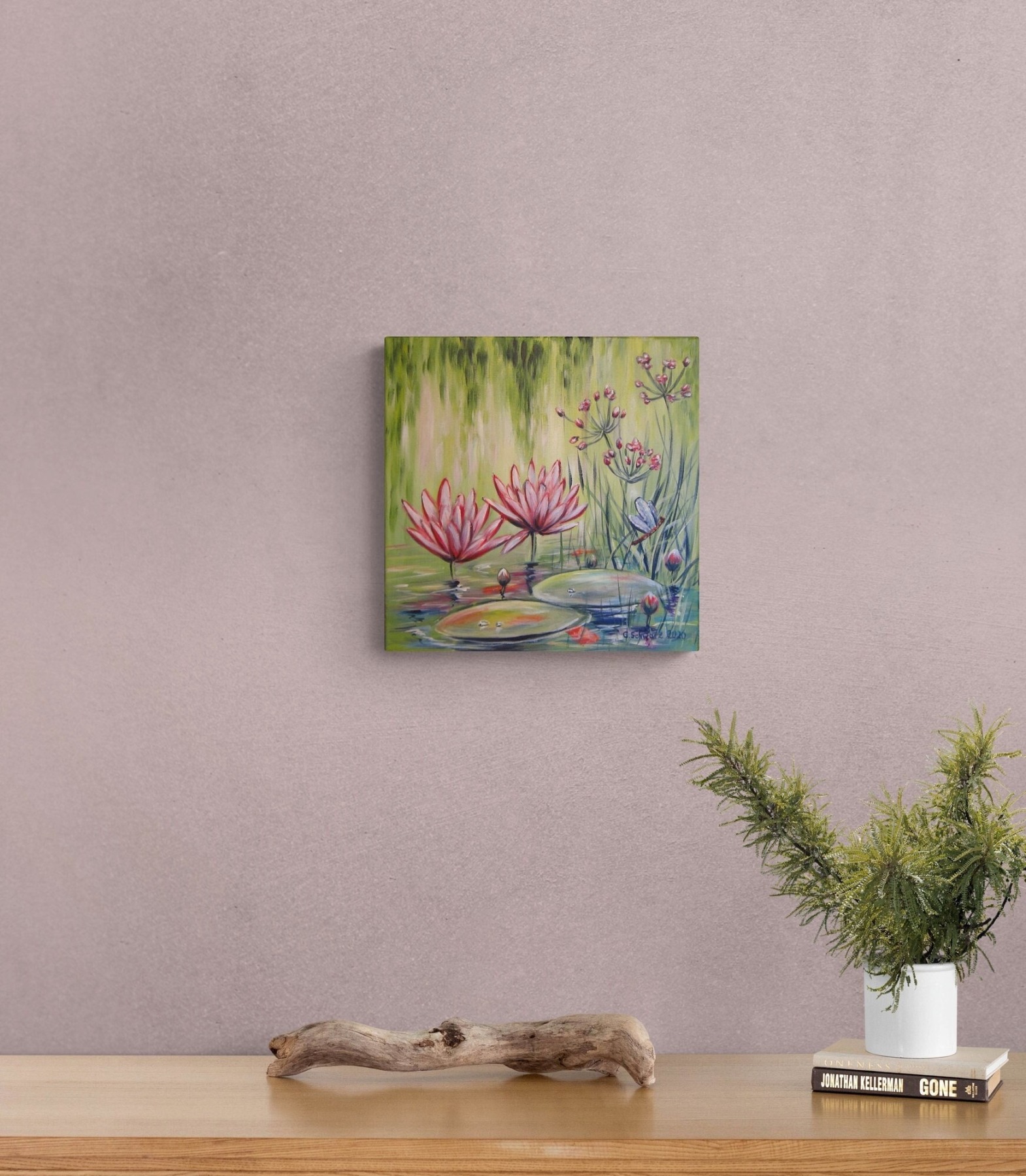 ROSA SEEROSEN - idyllisches Acrylgemälde auf Leinwand mit Seerosenblättern und einer Libelle