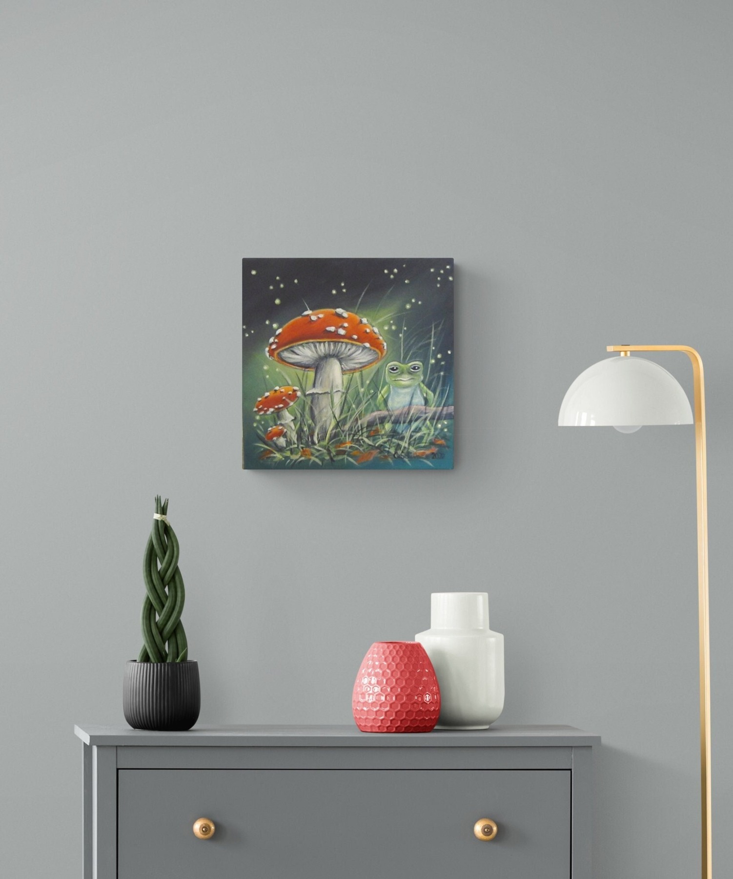 Frosch bei den Fliegenpilzen - idyllisches Acrylgemälde auf Leinwand 40cmx40cm