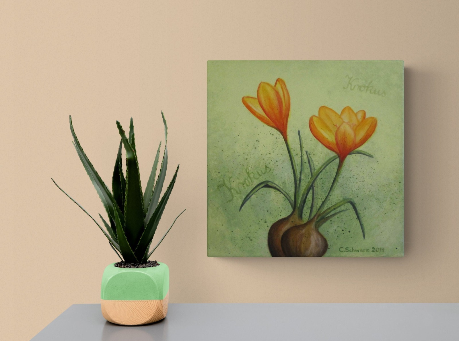 Acrylgemälde Gelbe Krokusse - Blumenbild Modern Kunst Frühling Bild Deko Leinwand 30cmx30cm