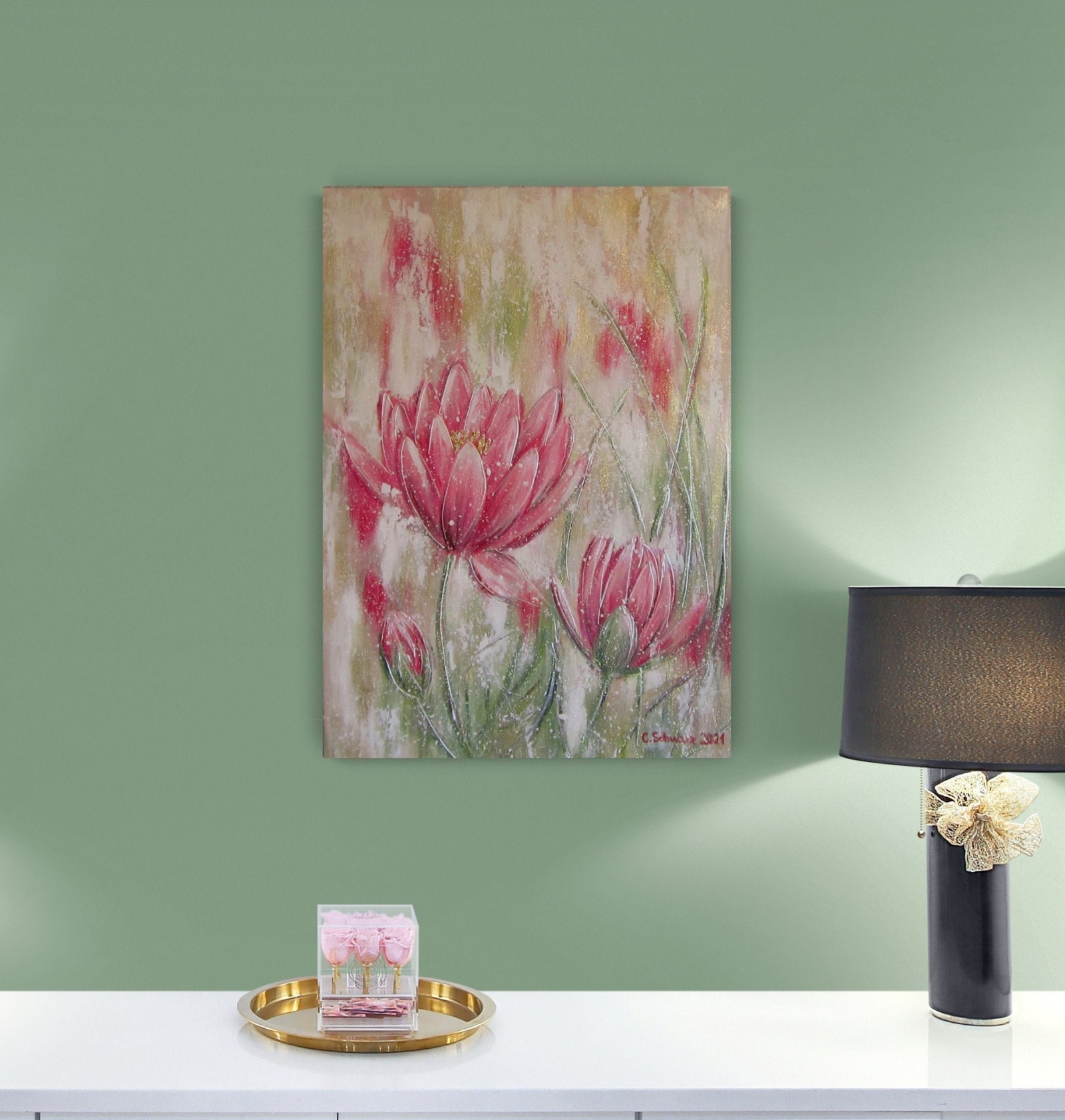 PINK WATERLILIES - abstraktes Acrylgemälde mit Metallikeffekten und Glitter auf Leinwand 50cm x 70c