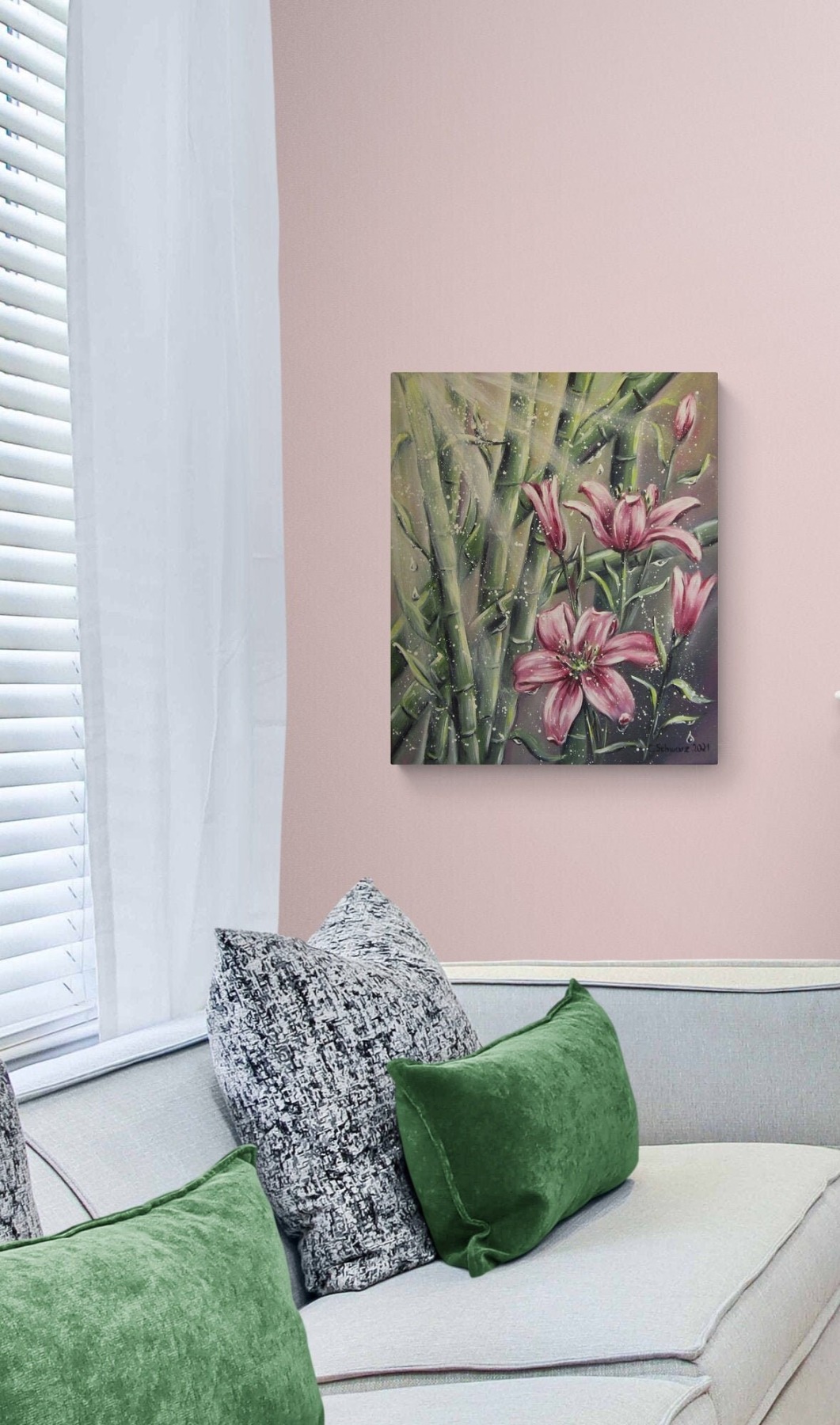 EXOTISCHE LILIEN - wunderschönes Blumenbild mit Lilienblüten und Bambus 50cmx60cm - Feng Shui Bild