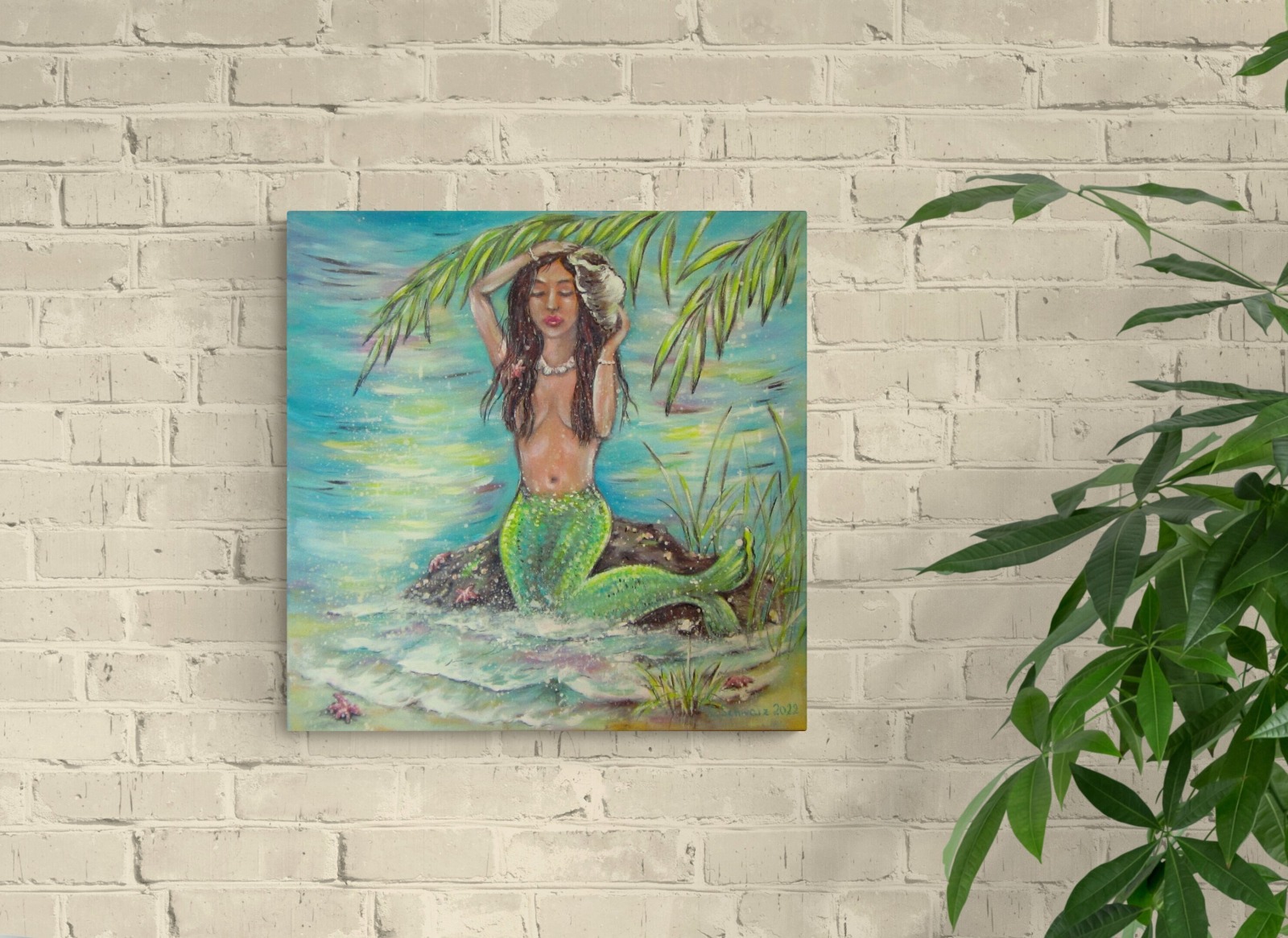 CARIBBEAN MERMAID - Acrylbild mit Meerjungfrau am Strand 60cmx60cm - Christiane Schwarz