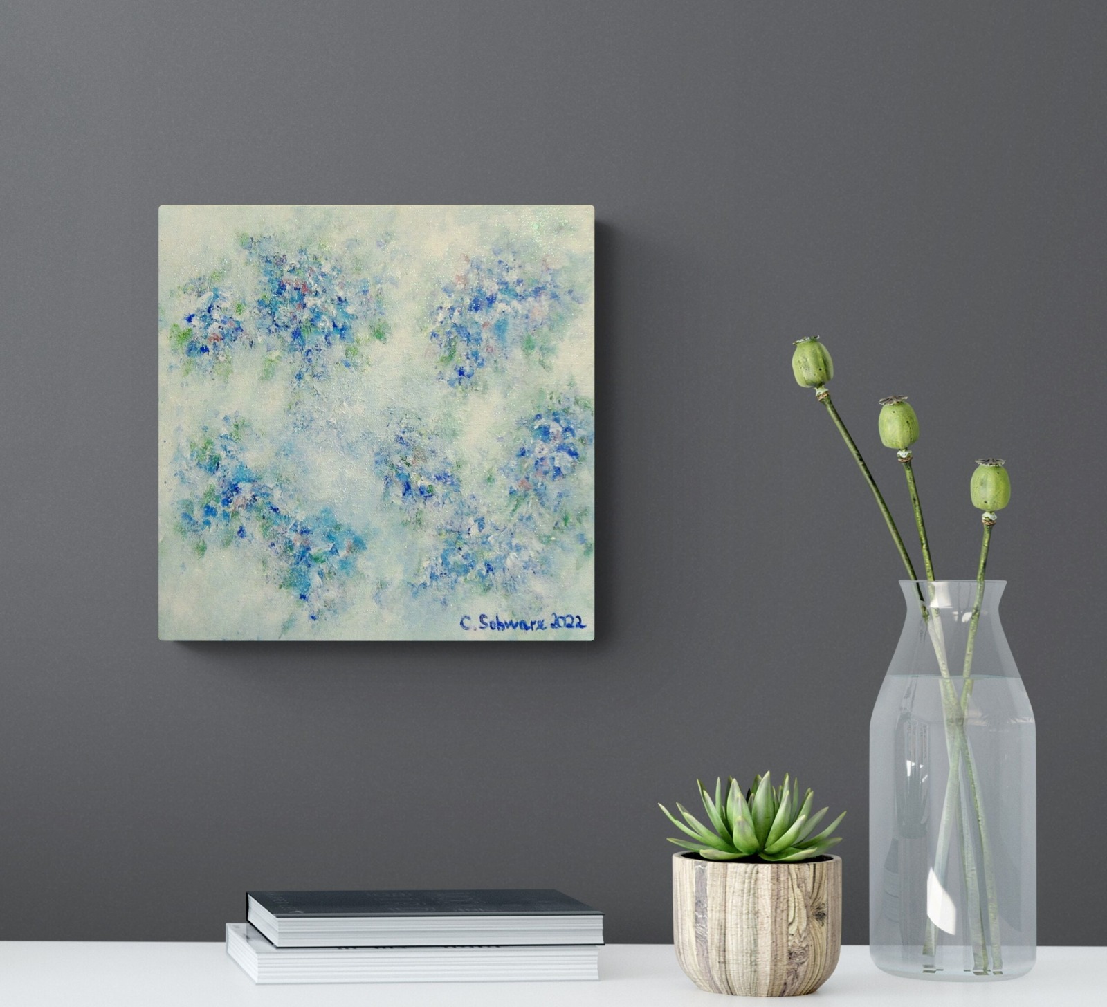 FLORAL BLUE - abstraktes Leinwandbild auf 3,5cm dickem Galeriekeilrahmen 30cmx30cm