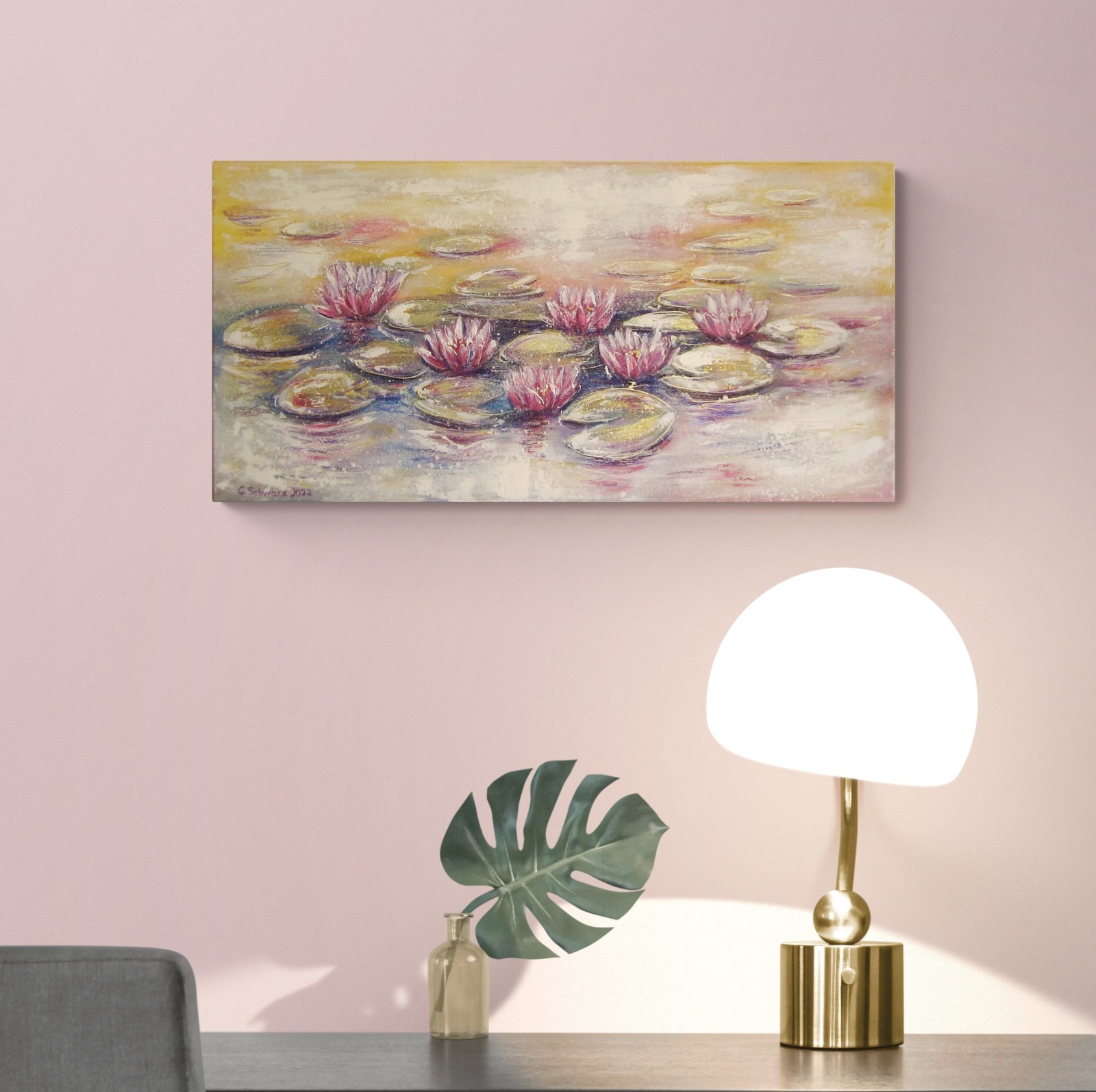 WHISPERING WATER LILIES - abstraktes Acrylbild 80cmx40cm mit rosa Seerosen und Glitter auf Leinwand