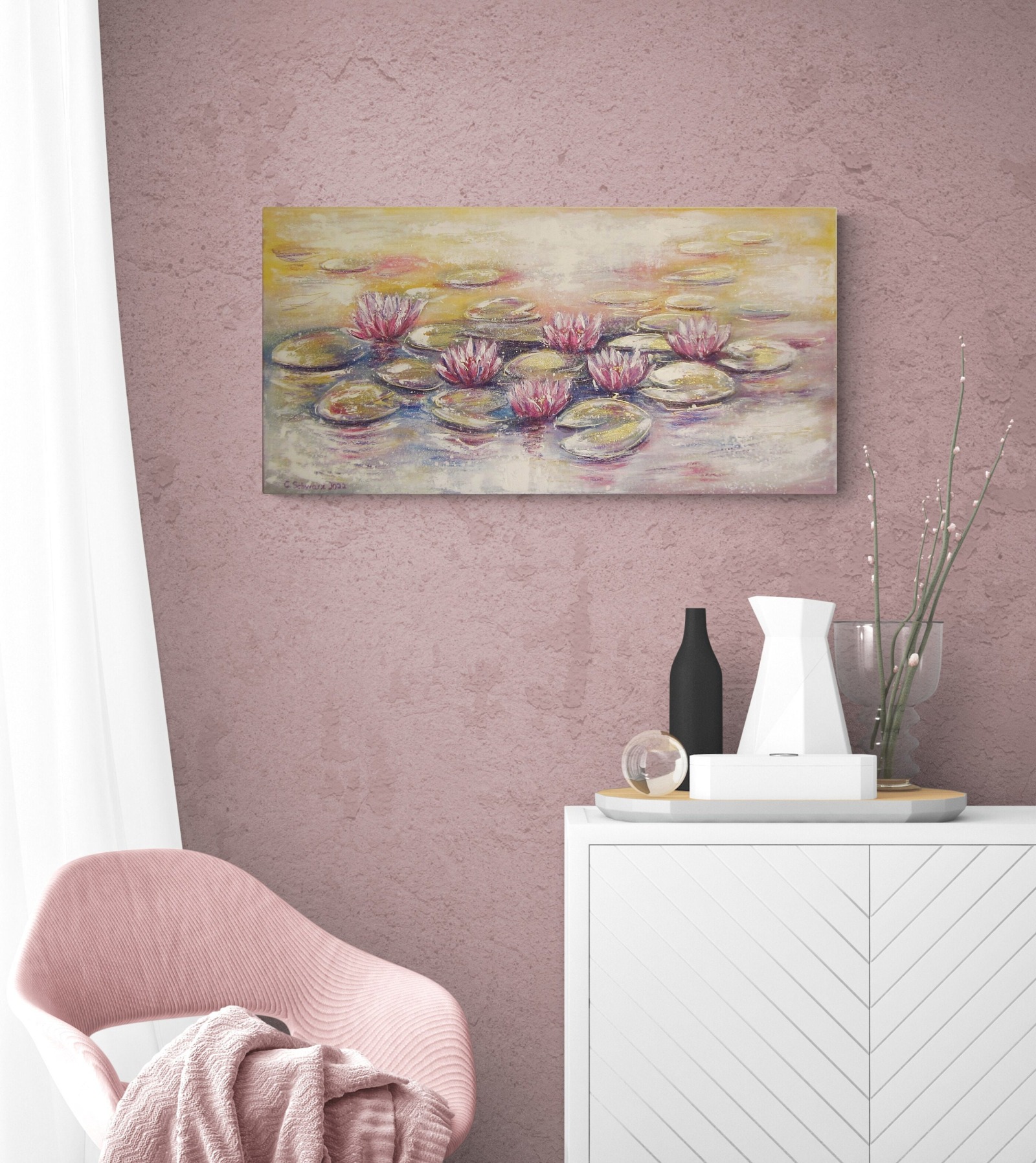 WHISPERING WATER LILIES - abstraktes Acrylbild 80cmx40cm mit rosa Seerosen und Glitter auf Leinwand