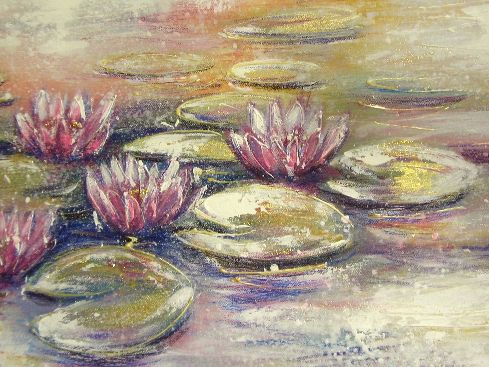 WHISPERING WATER LILIES - abstraktes Acrylbild 80cmx40cm mit rosa Seerosen und Glitter auf Leinwand