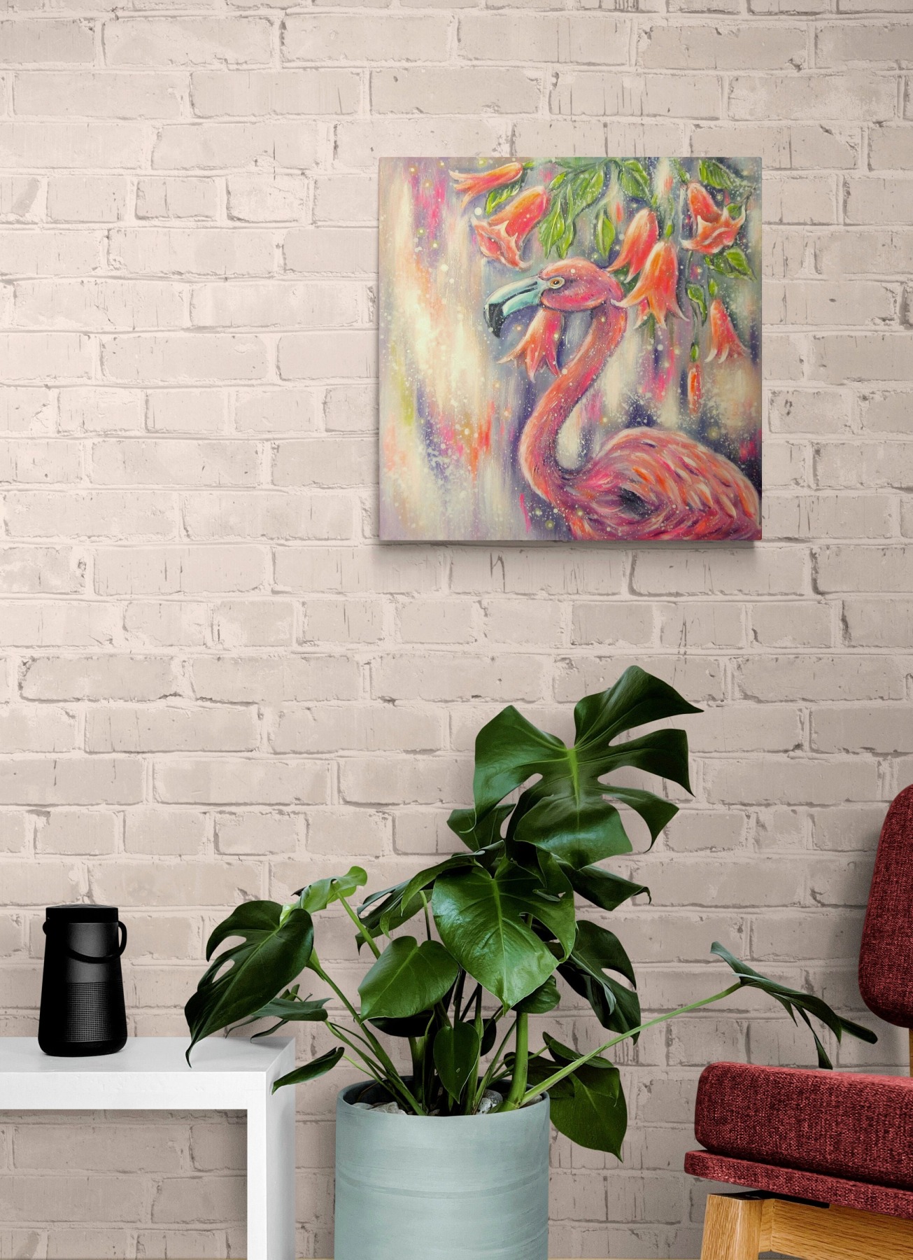 FLAMINGO with tropical flowers - trendiges Leinwandbild 50cmx50cm mit tropischen Blüten