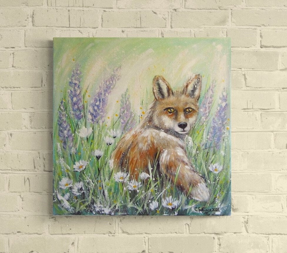 Fuchs in Lupinen und Margeriten - gemalter Fuchs mit Blumen auf Leinwand 60cmx60cm - Christiane Schw