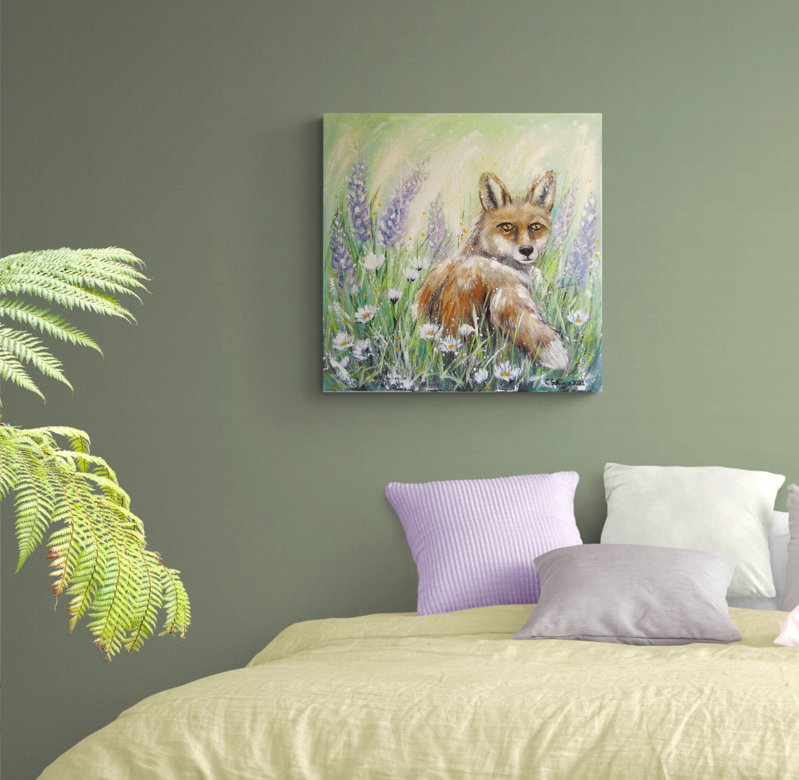 Fuchs in Lupinen und Margeriten - gemalter Fuchs mit Blumen auf Leinwand 60cmx60cm - Christiane