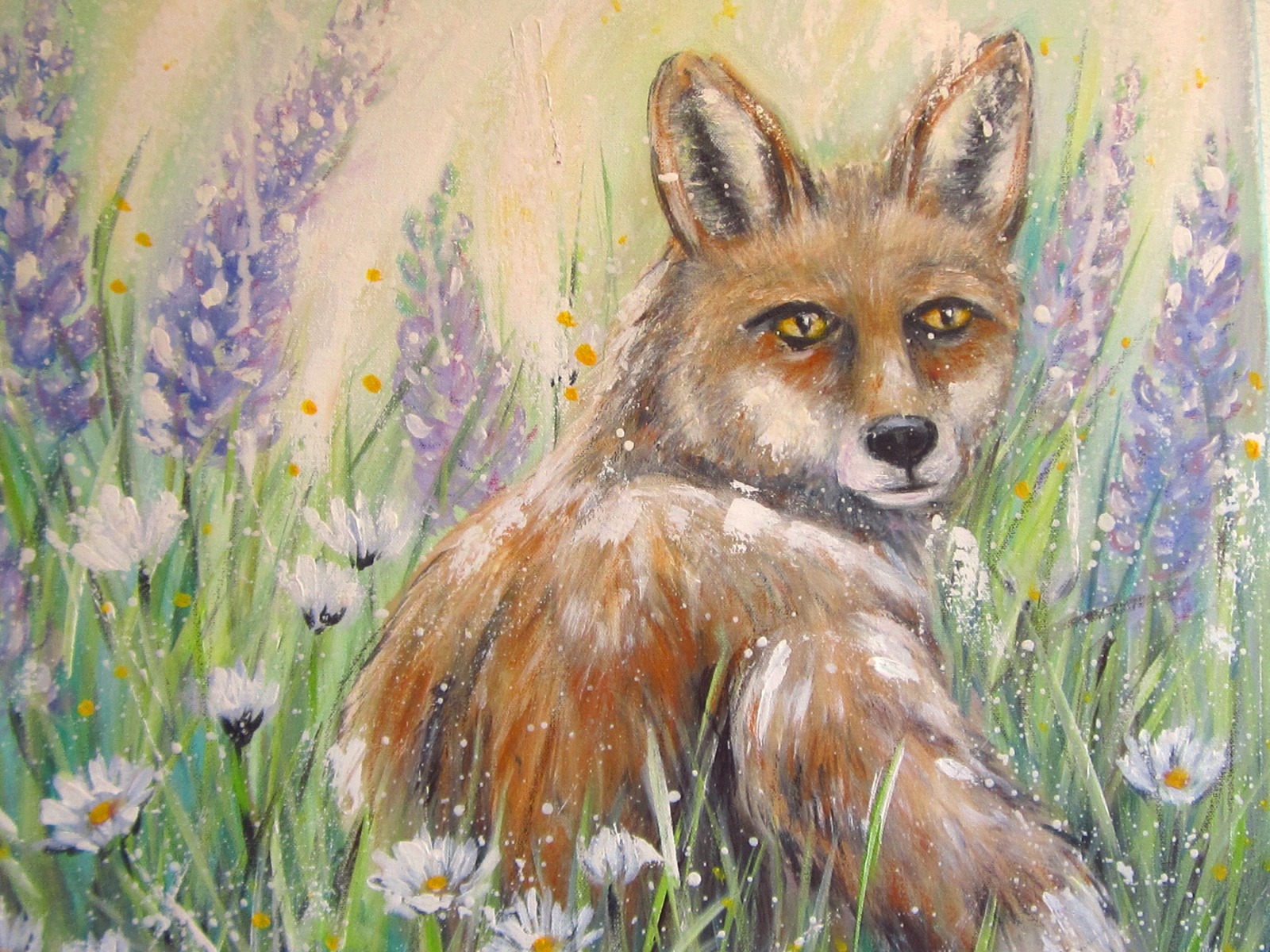 Fuchs in Lupinen und Margeriten - gemalter Fuchs mit Blumen auf Leinwand 60cmx60cm - Christiane