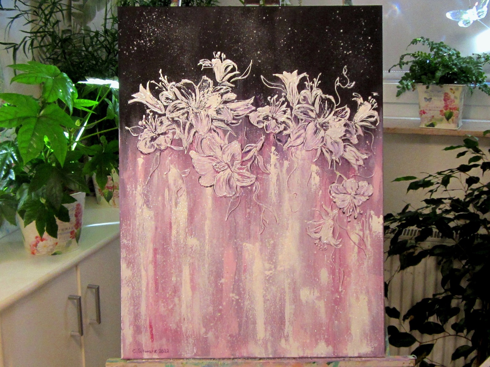 MAGICAL LILIES - Mixed-Media Blumenbild mit Lilien auf Leinwand mit Glitter 5