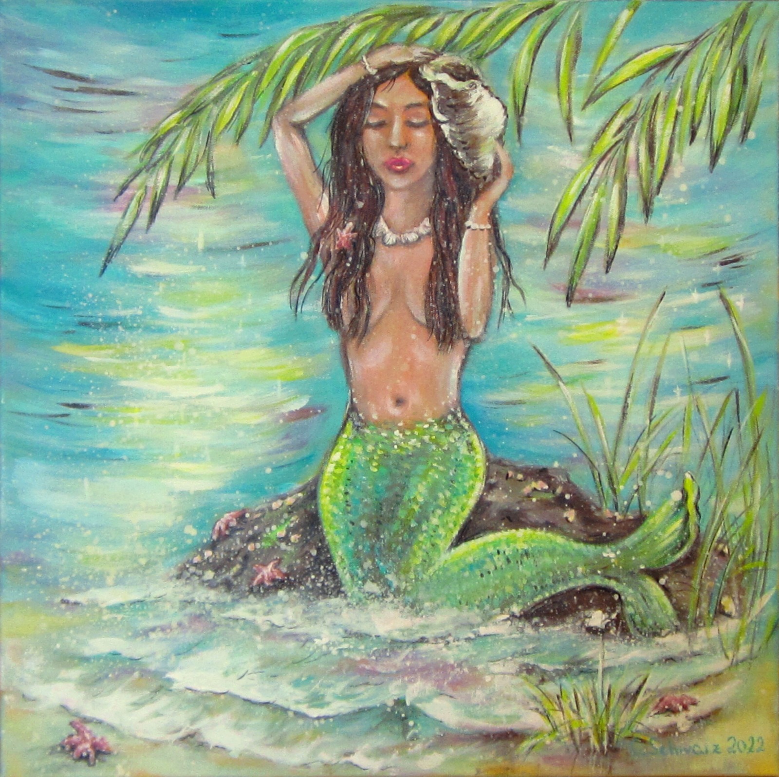 CARIBBEAN MERMAID - Acrylbild mit Meerjungfrau am Strand 60cmx60cm - Christiane Schwarz 6