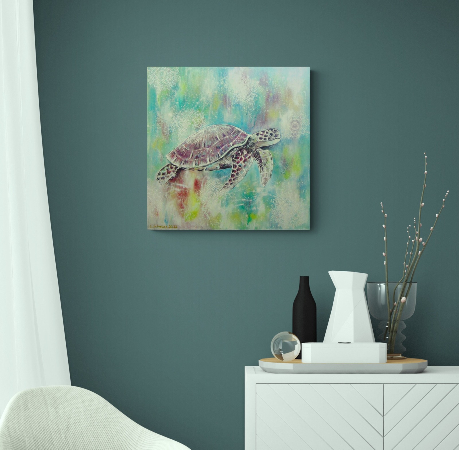 FLOATING TURTLE mit Ornamenten - abstraktes Leinwandbild 50cmx50cm, gemalte Schildkröte -