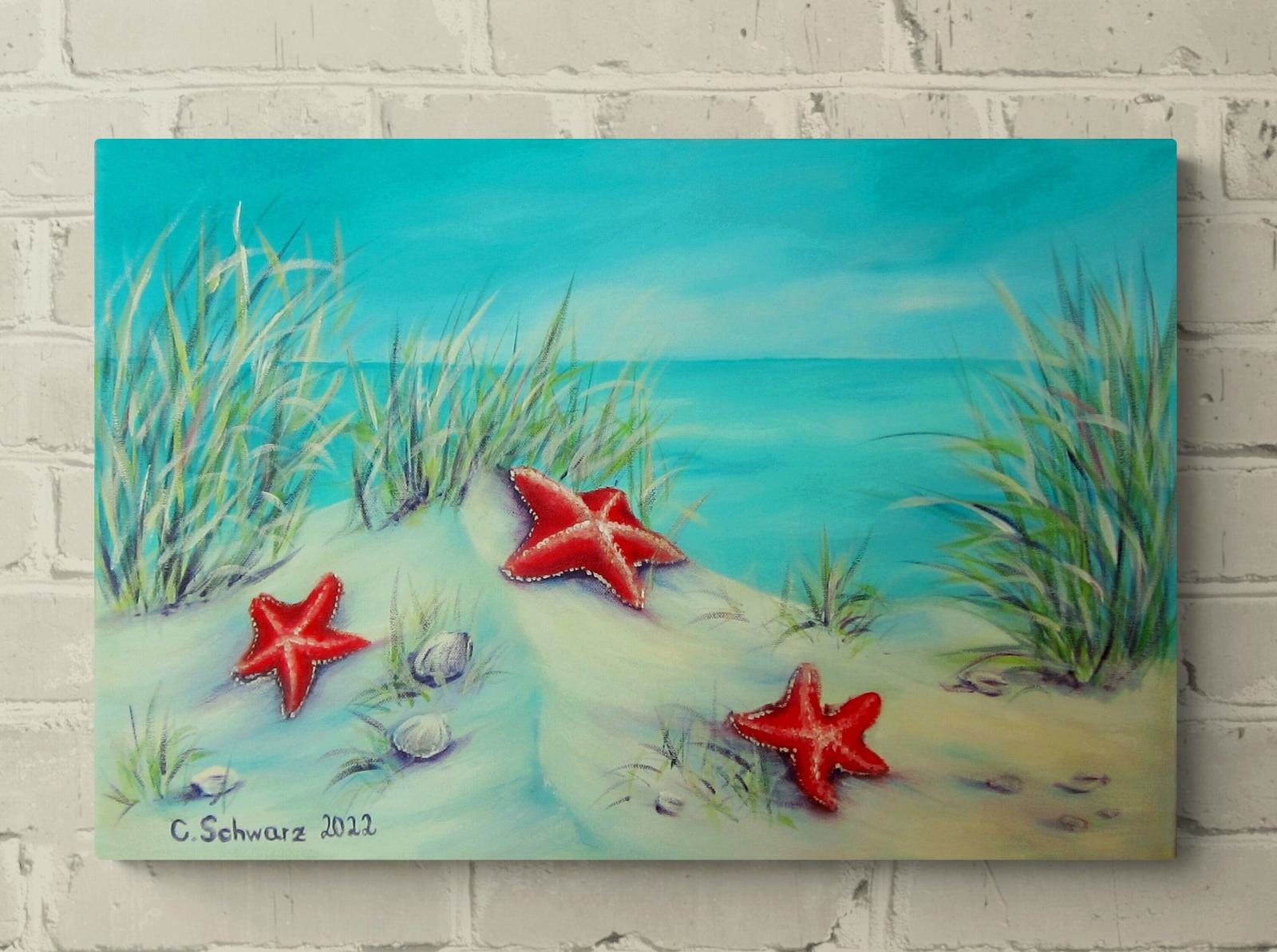 Rote Seesterne im Sand - Meeresbild auf Leinwand in Acryl 60cmx40cm von Christiane Schwarz 4