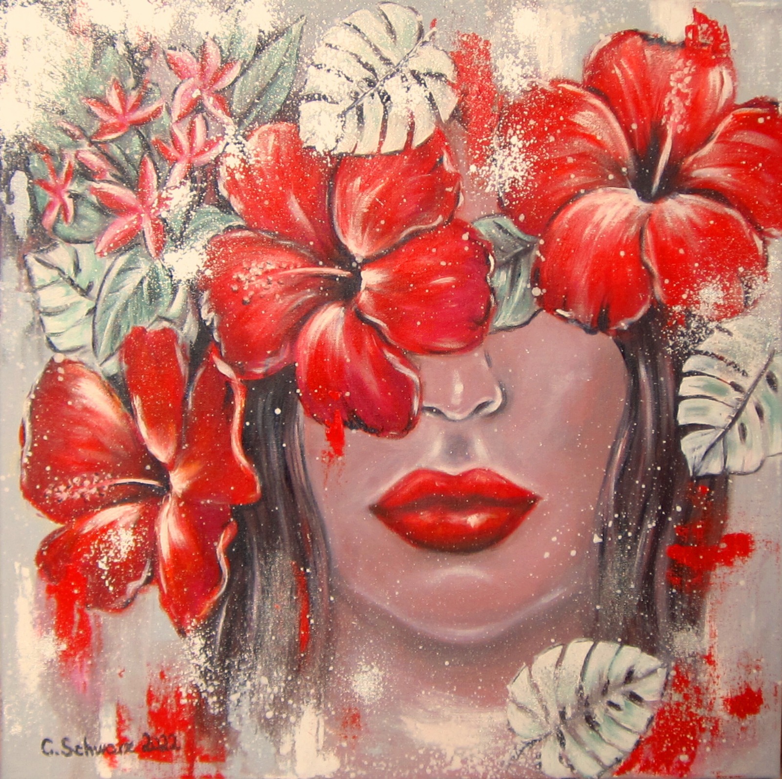 MYSTERIOUS LOVE - Acrylgemälde mit Hibiskus und Frangipani 60cmx60cm 6