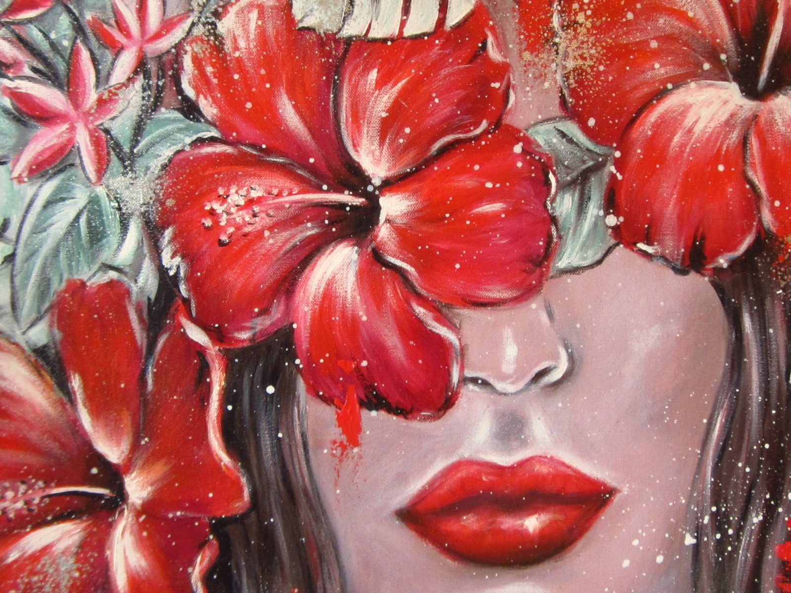 MYSTERIOUS LOVE - Acrylgemälde mit Hibiskus und Frangipani 60cmx60cm 8