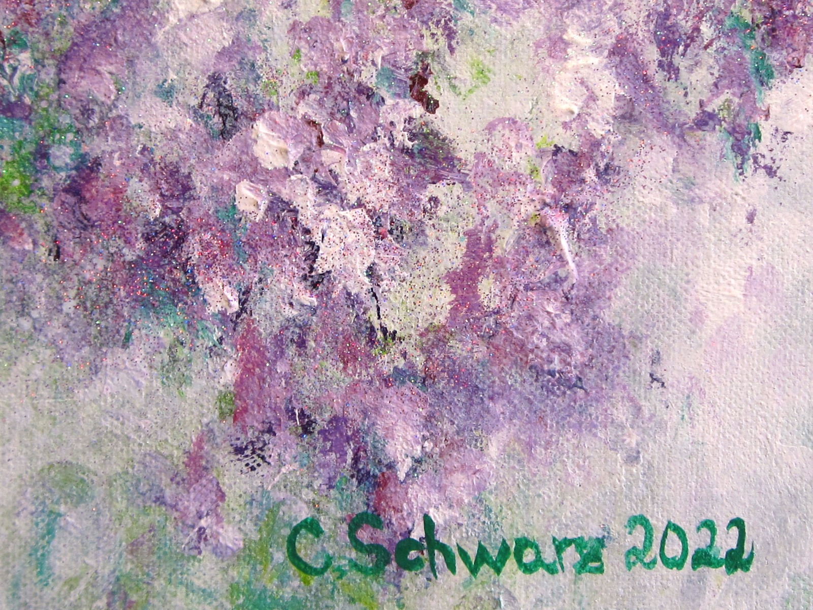 SOMMERWIND - abstraktes Acrylbild lila-grün-weiß mit Glitter 40cmx40cm - Christiane Schwarz 8