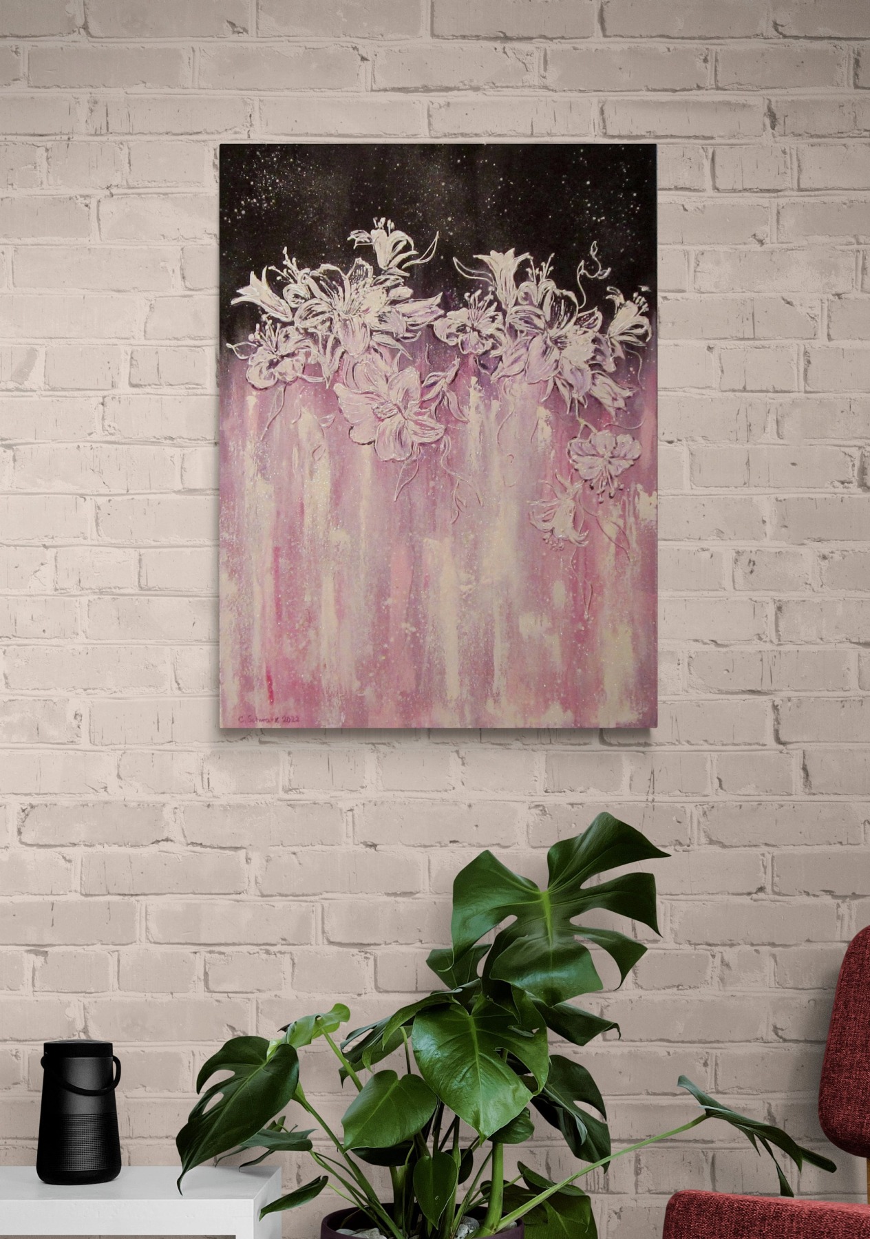 MAGICAL LILIES - Mixed-Media Blumenbild mit Lilien auf Leinwand mit Glitter 3