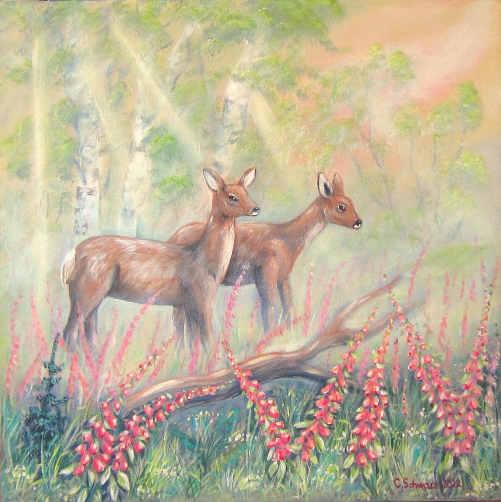 Rehe auf der Waldlichtung - romantisches Acrylgemälde mit Rehen auf Leinwand - 70cmx70cm 6