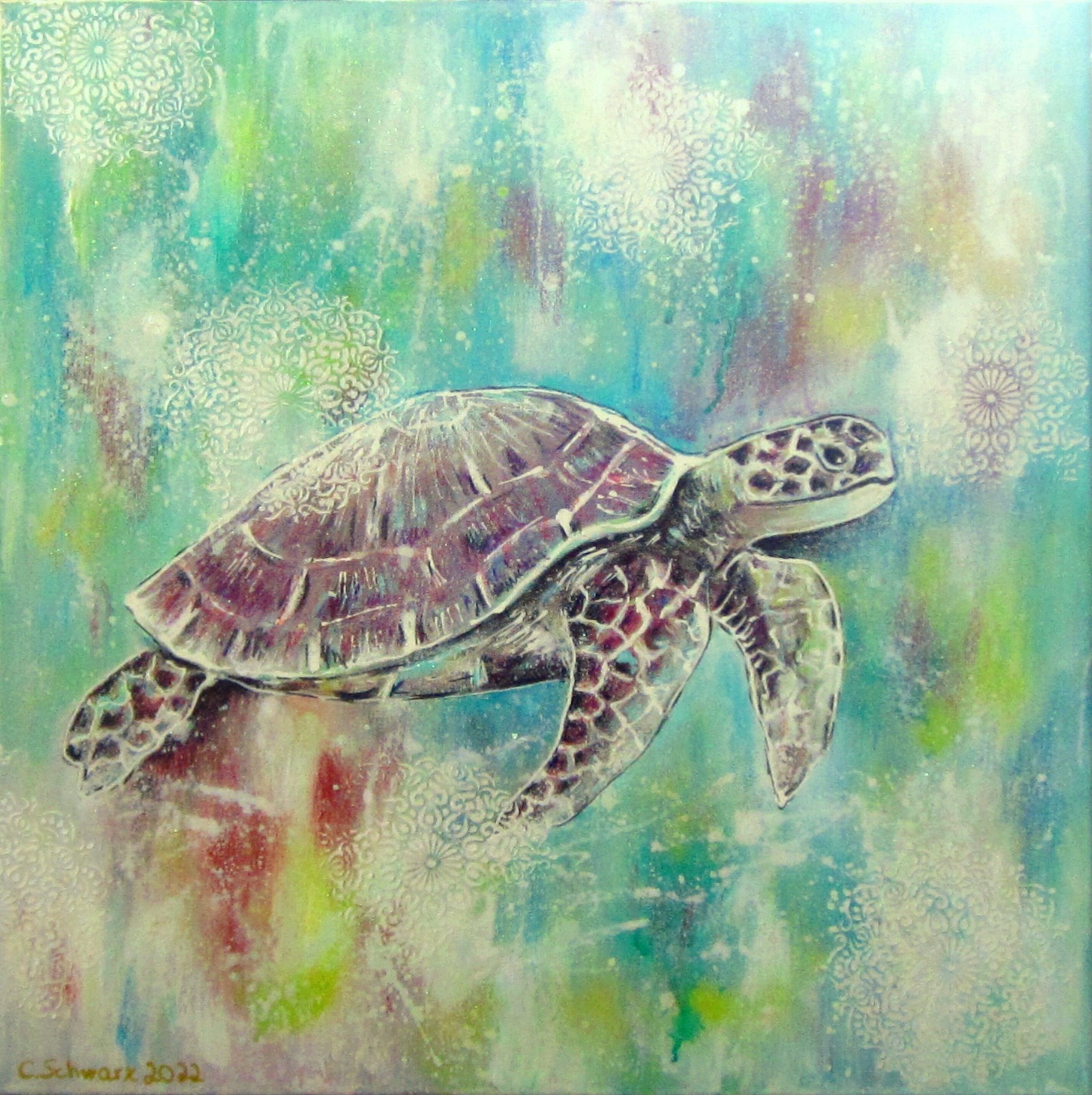 FLOATING TURTLE mit Ornamenten - abstraktes Leinwandbild 50cmx50cm, gemalte Schildkröte -