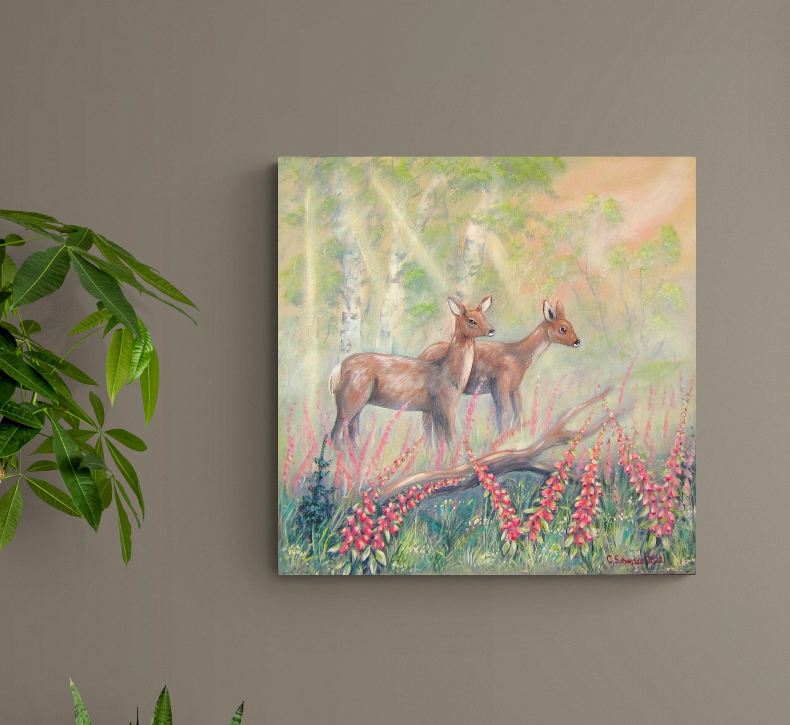 Rehe auf der Waldlichtung - romantisches Acrylgemälde mit Rehen auf Leinwand - 70cmx70cm 2