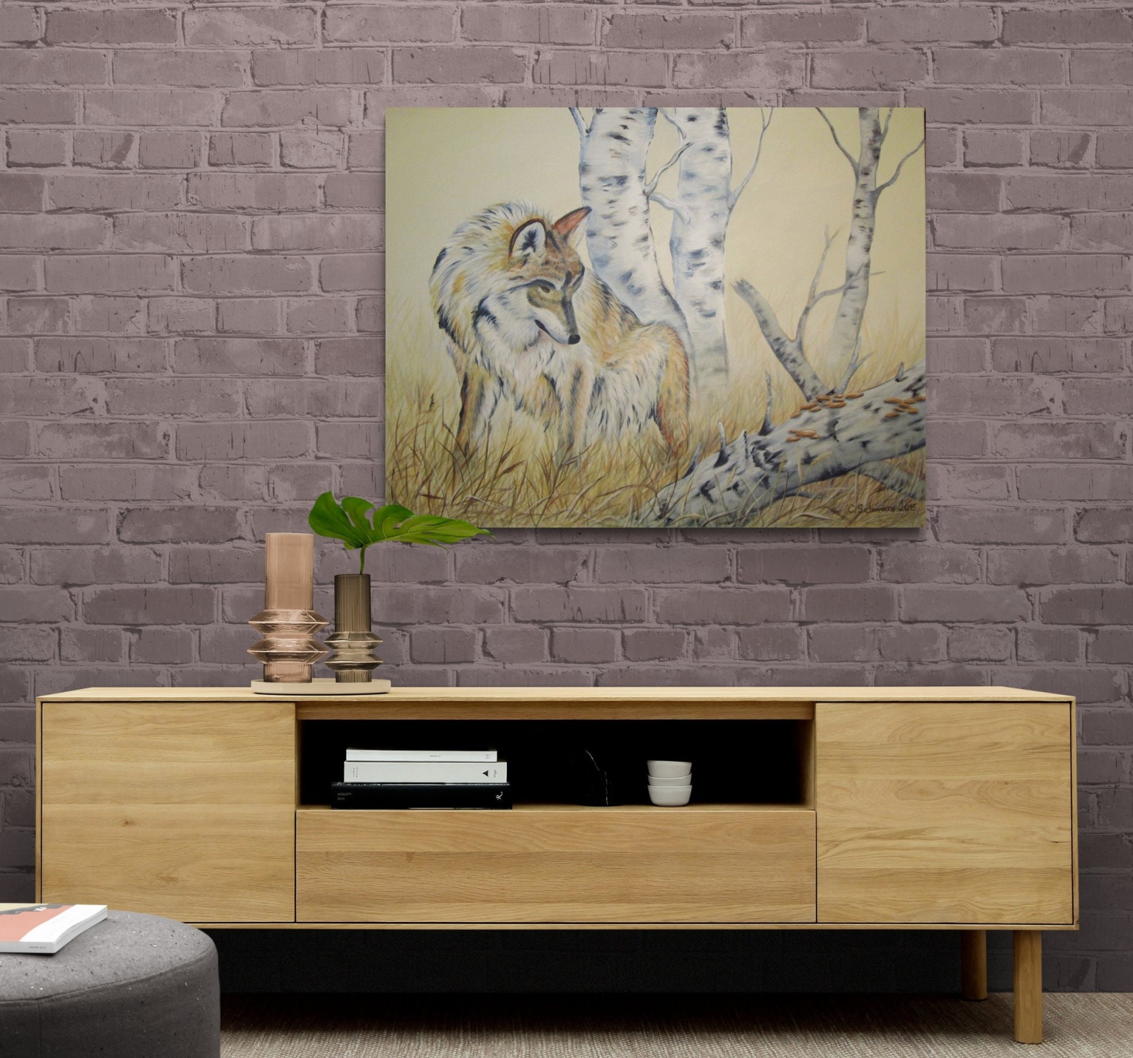 Wolf bei den Birken - Natur Kunst Bild Leinwand Wildtiermalerei 90cmx70cm, Acrylmalerei Christiane S