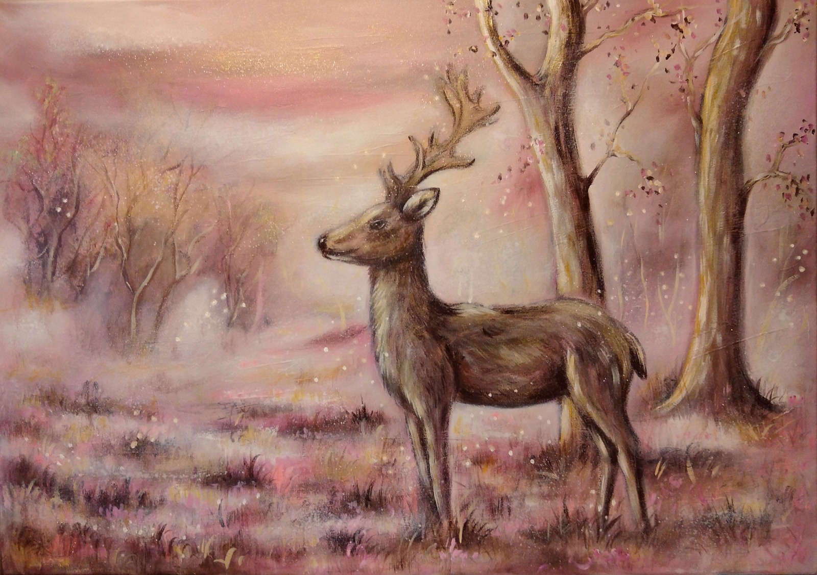 Hirsch auf der Heide - herbstliches Gemälde mit goldfarbigem Glitter 92cmx65cm von Christiane