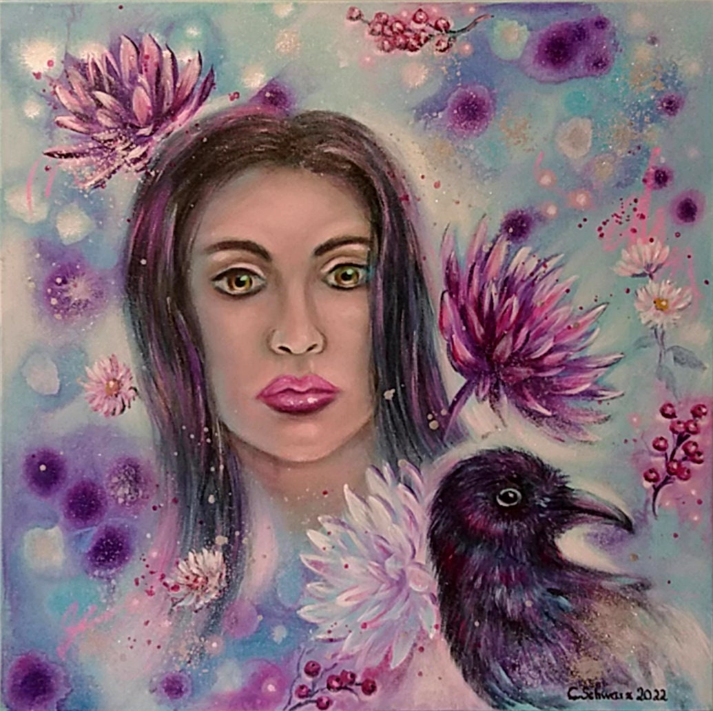 Surrealistische Frauenportrait RAVENGIRL - modernes Acrylbild mit Dahlien und Raben 50cmx50cm 7