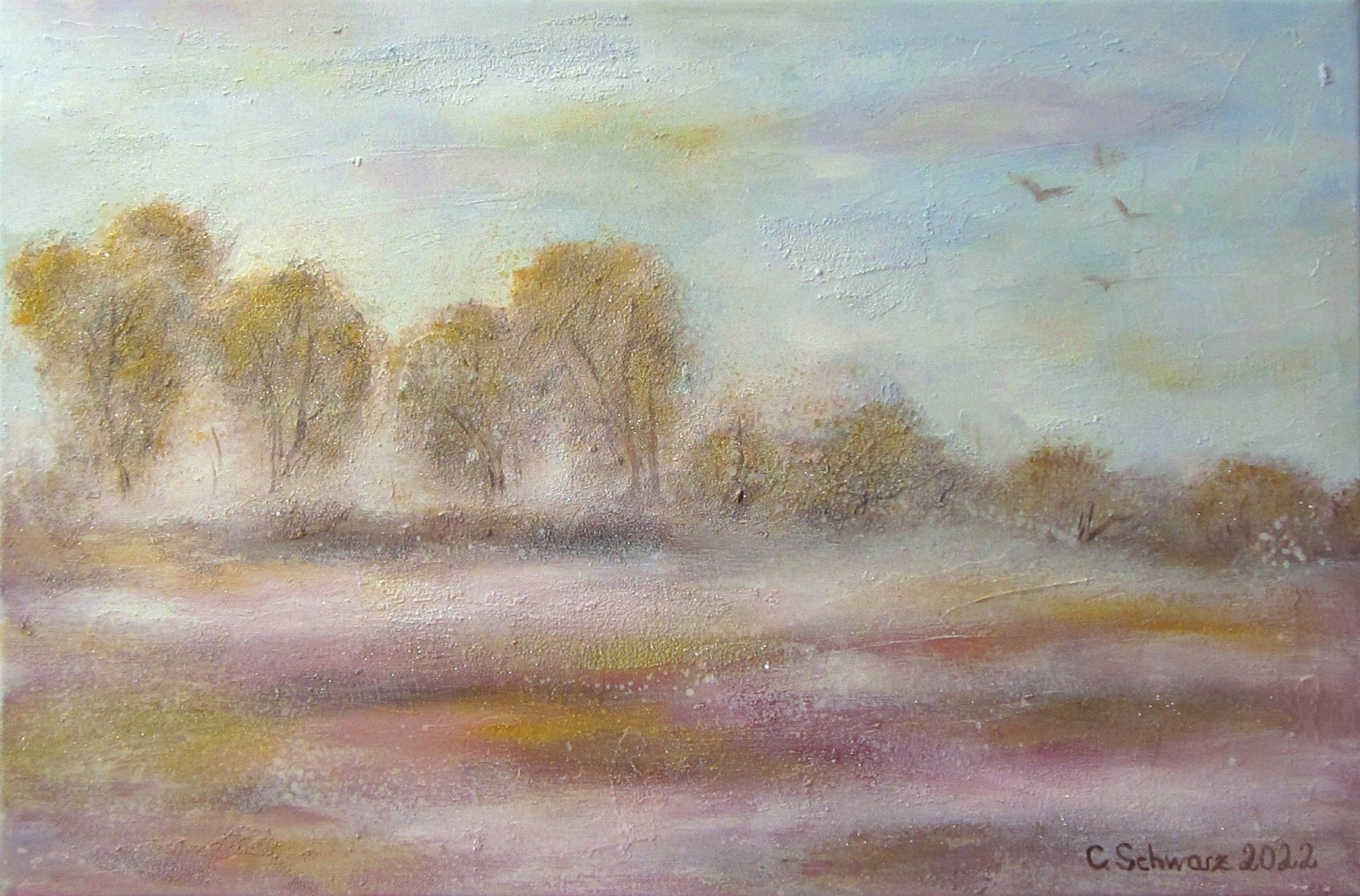 Nebel über der Heide 60cmx40cm - Heidelandschaft mit Glitter auf Leinwand - Künstlerin Christiane