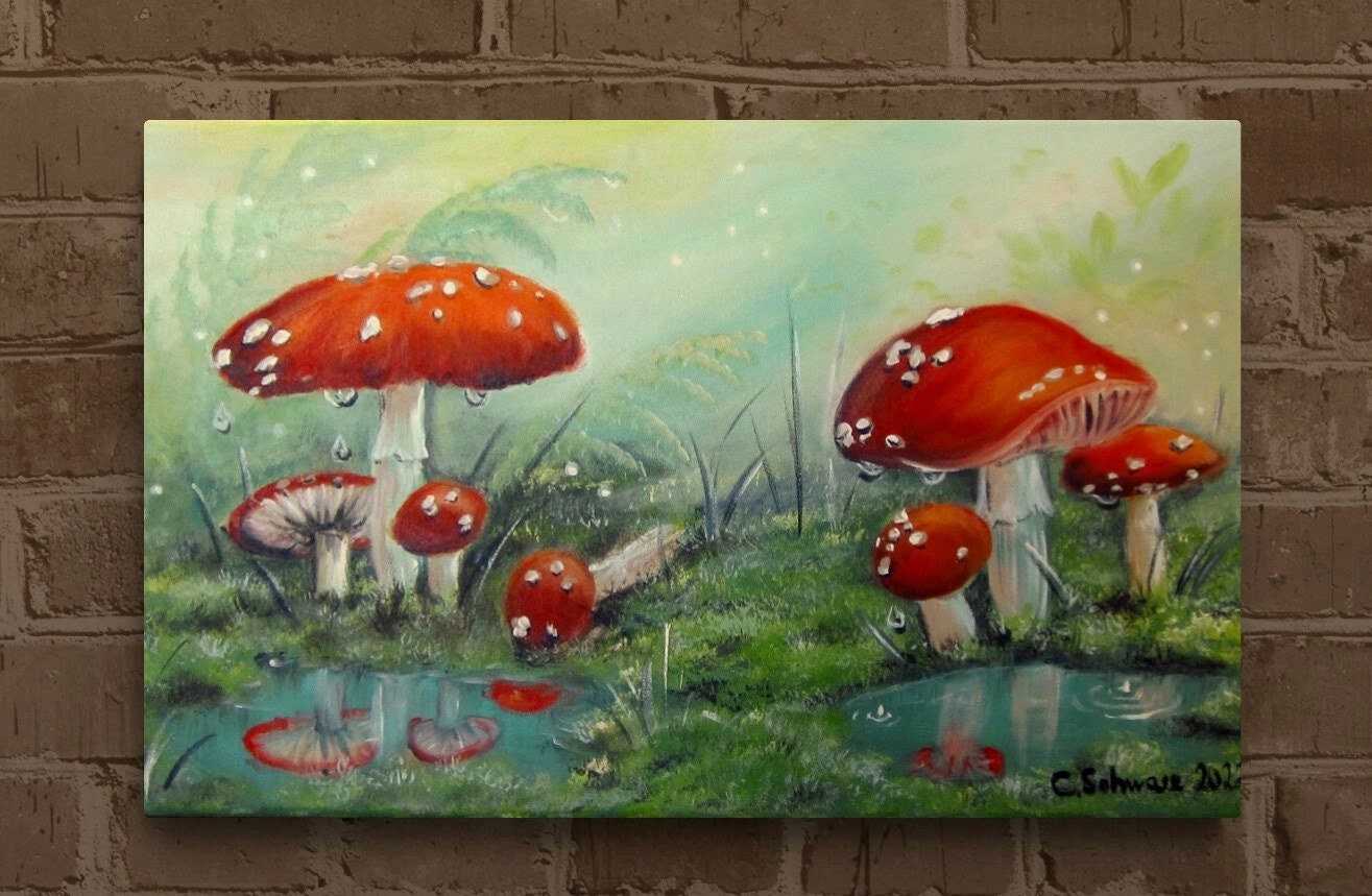 Acrylgemälde Fliegenpilze nach dem Regen - tolles Bild mit Pilzen auf Leinwand 55cmx33cm