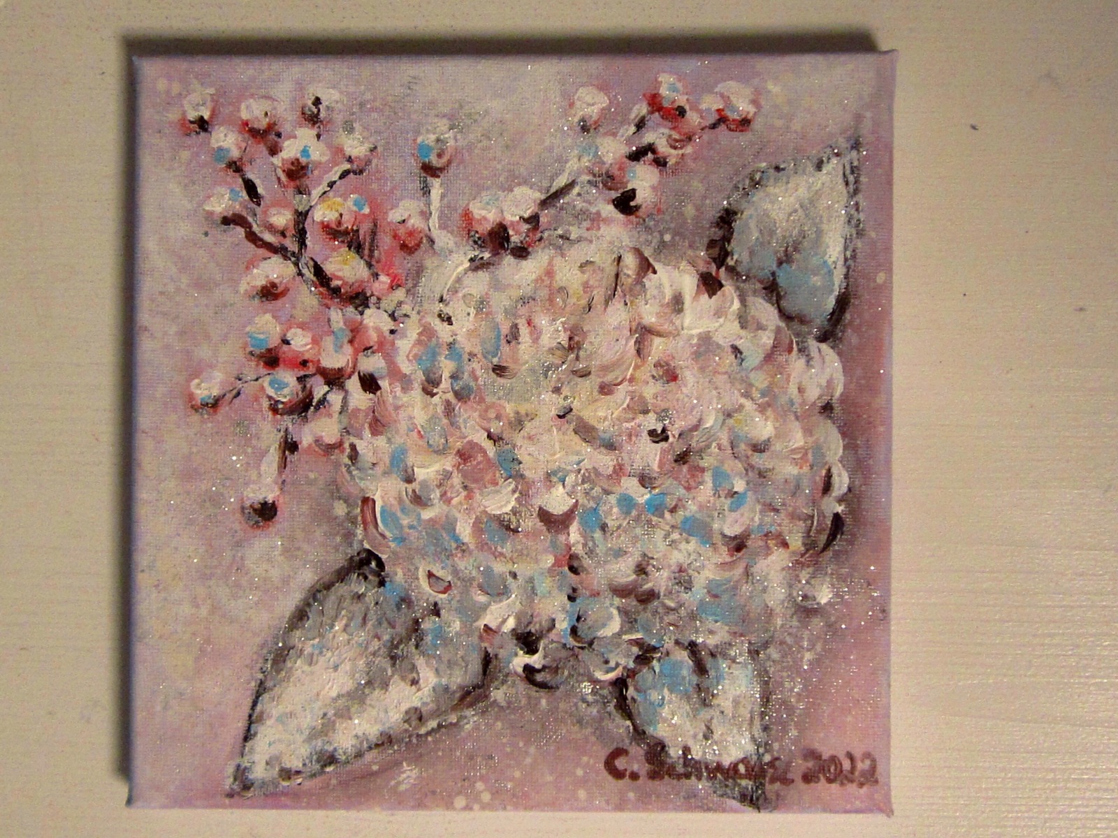 Verschneite Hortensienblüte mit rosa Beeren - Acrylgemälde auf Leinwand 20cmx20cm - handgemaltes