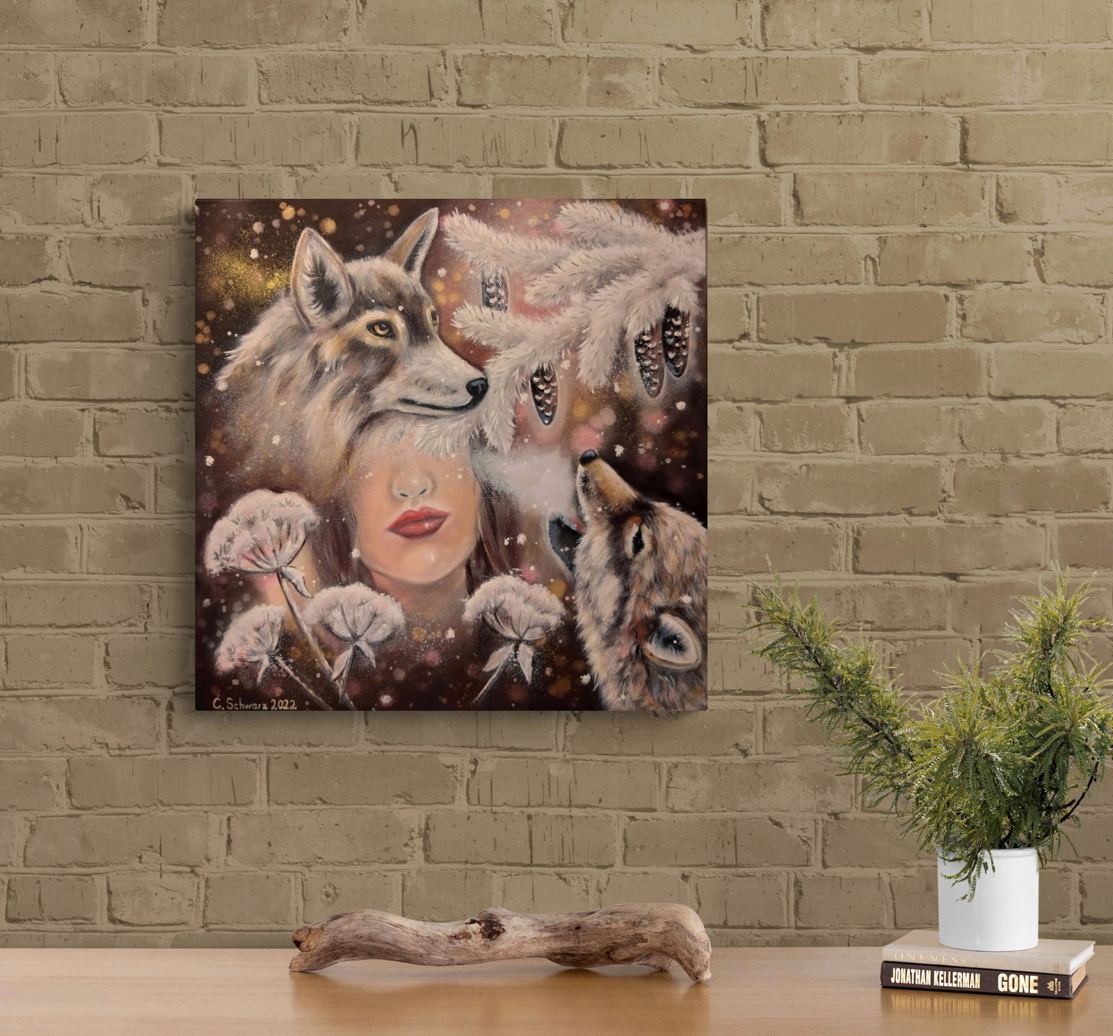 WOLF LADY - Winterbild mit Wölfen und einer Frau auf Leinwand 60cmx60cm - handgemalte Kunst von