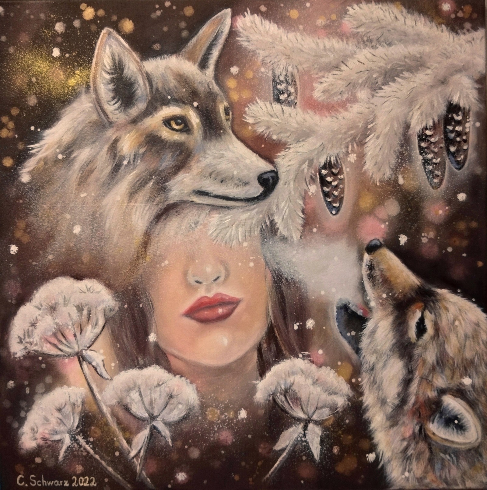 WOLF LADY - Winterbild mit Wölfen und einer Frau auf Leinwand 60cmx60cm - handgemalte Kunst von