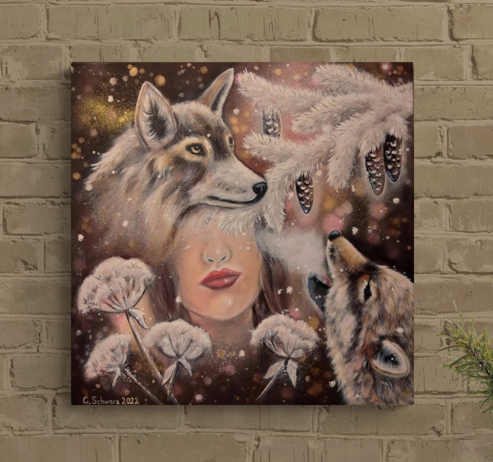 WOLF LADY - Winterbild mit Wölfen und einer Frau auf Leinwand 60cmx60cm - handgemalte Kunst von