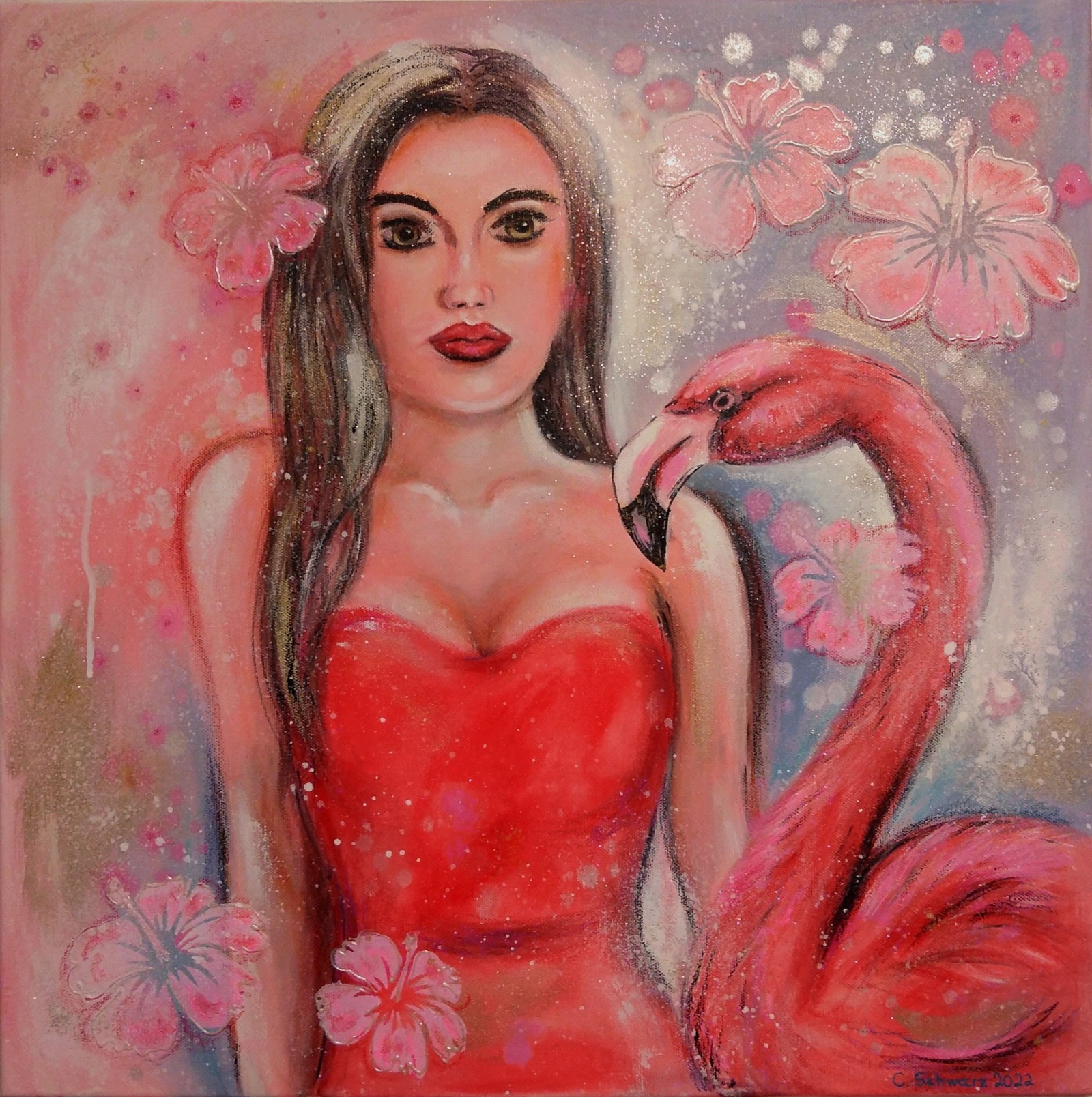 FLAMINGO GIRL - Acrylgemälde mit Flamingo und einer Frau auf Leinwand 60cmx60cm 9