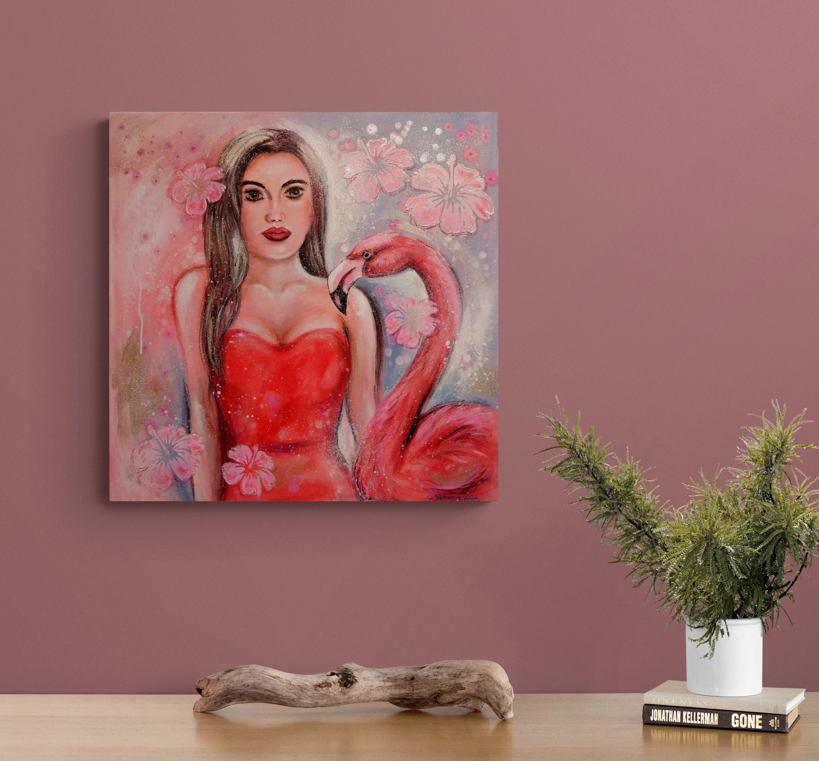 FLAMINGO GIRL - Acrylgemälde mit Flamingo und einer Frau auf Leinwand 60cmx60cm 4