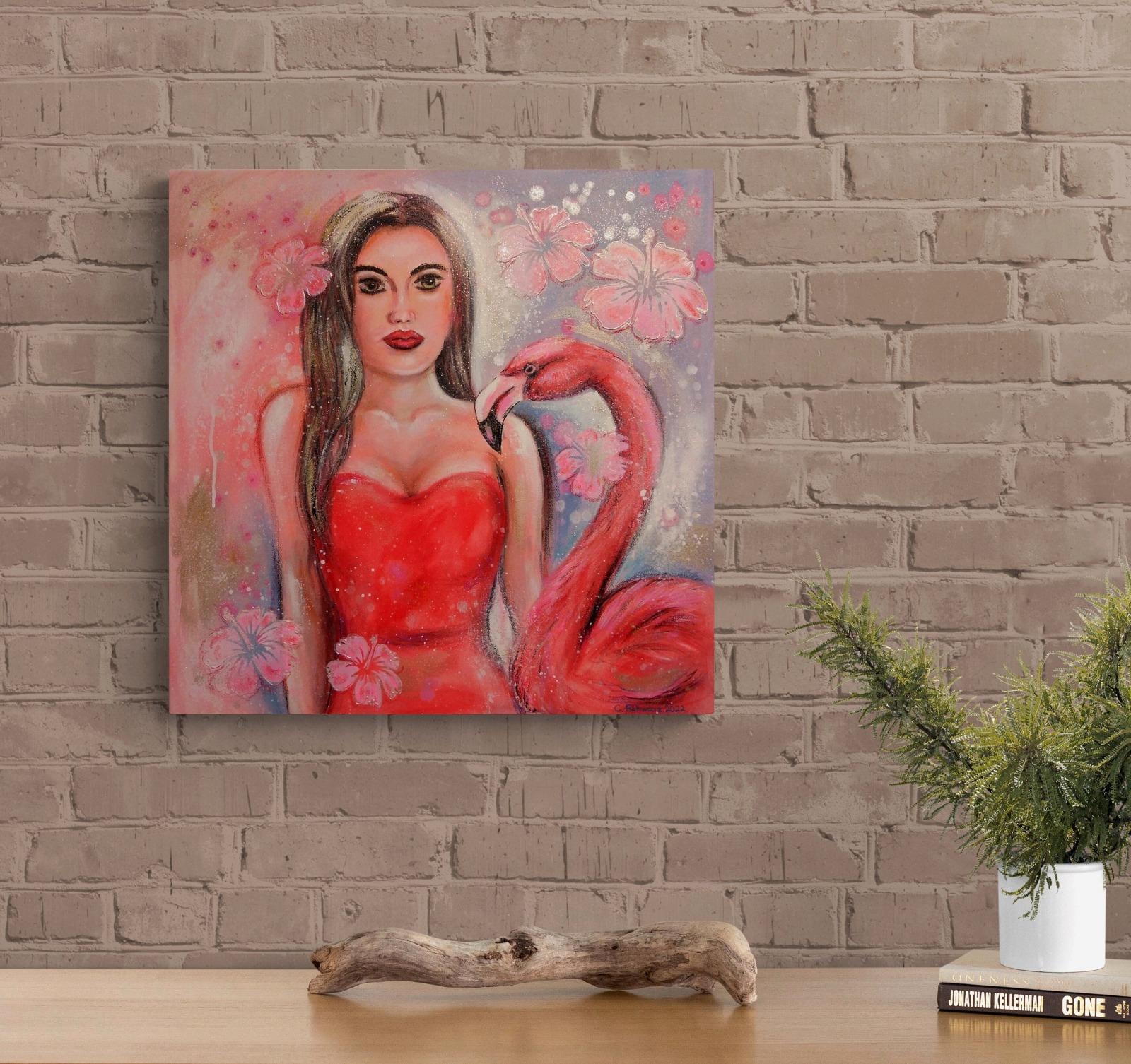 FLAMINGO GIRL - Acrylgemälde mit Flamingo und einer Frau auf Leinwand 60cmx60cm 5