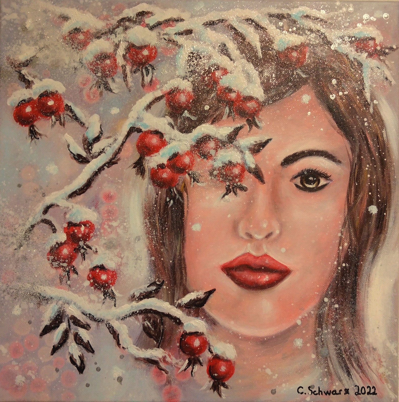 WINTERMÄRCHEN - winterliches Acrylgemälde mit verschneiten Hagebutten und Gesicht 40cmx40cm von