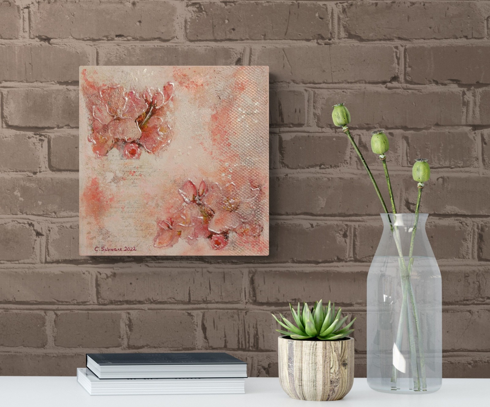 PINK BLOSSOMS - Mixed-Media Kunst mit Strukturpaste auf Leinwand 29cmx29cmx3,4cm von Christiane