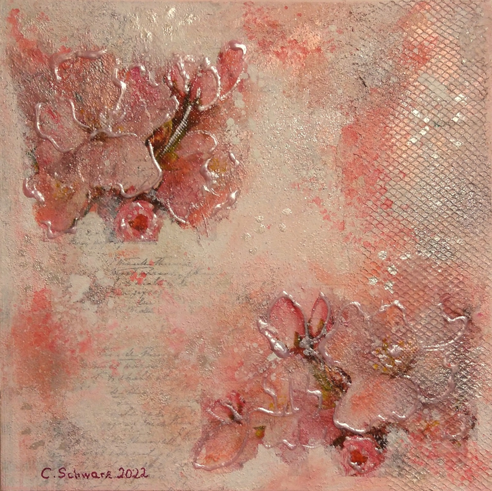 PINK BLOSSOMS - Mixed-Media Kunst mit Strukturpaste auf Leinwand 29cmx29cmx3,4cm von Christiane