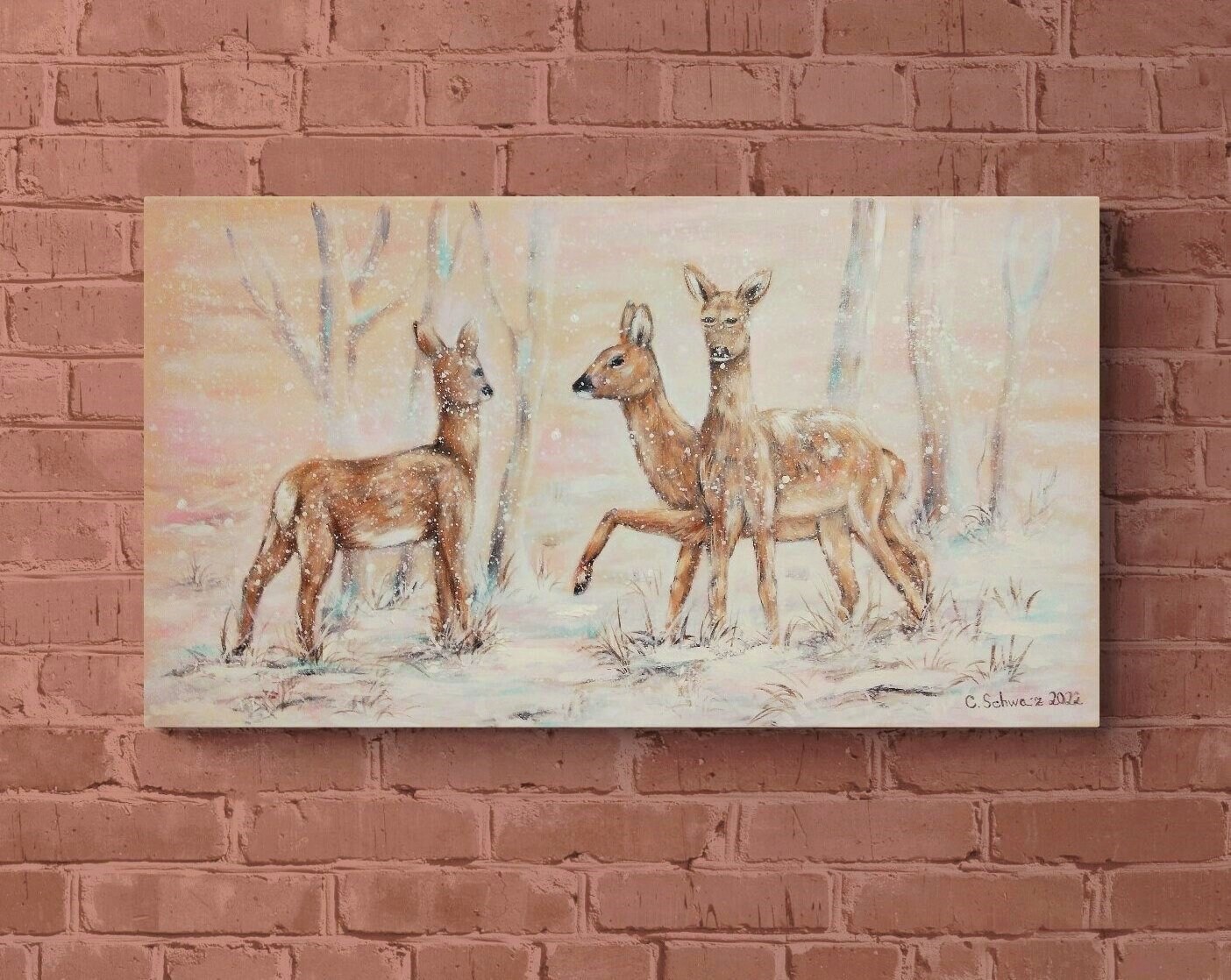 REHE IM SCHNEETREIBEN - schönes Winterbild auf Leinwand 90cmx50cm, gemalt mit Acrylfarben von