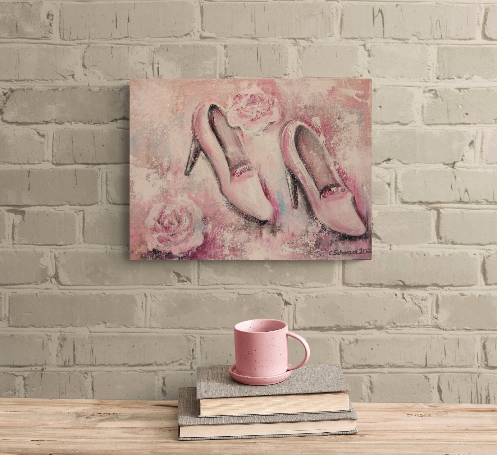 PINK SHOES - gegenständliches Gemälde im Shabby-Look auf Leinwand 40cmx30cm mit Glitter 3