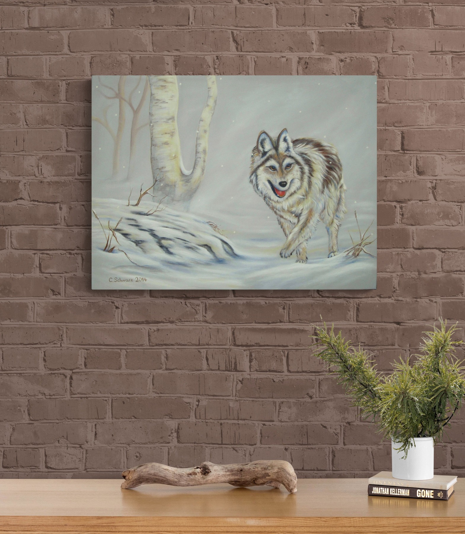 Acrylbild HUNGRY WOLF 80cm x 60cm - tolles Winterbild mit Wolf von der Künstlerin Christiane