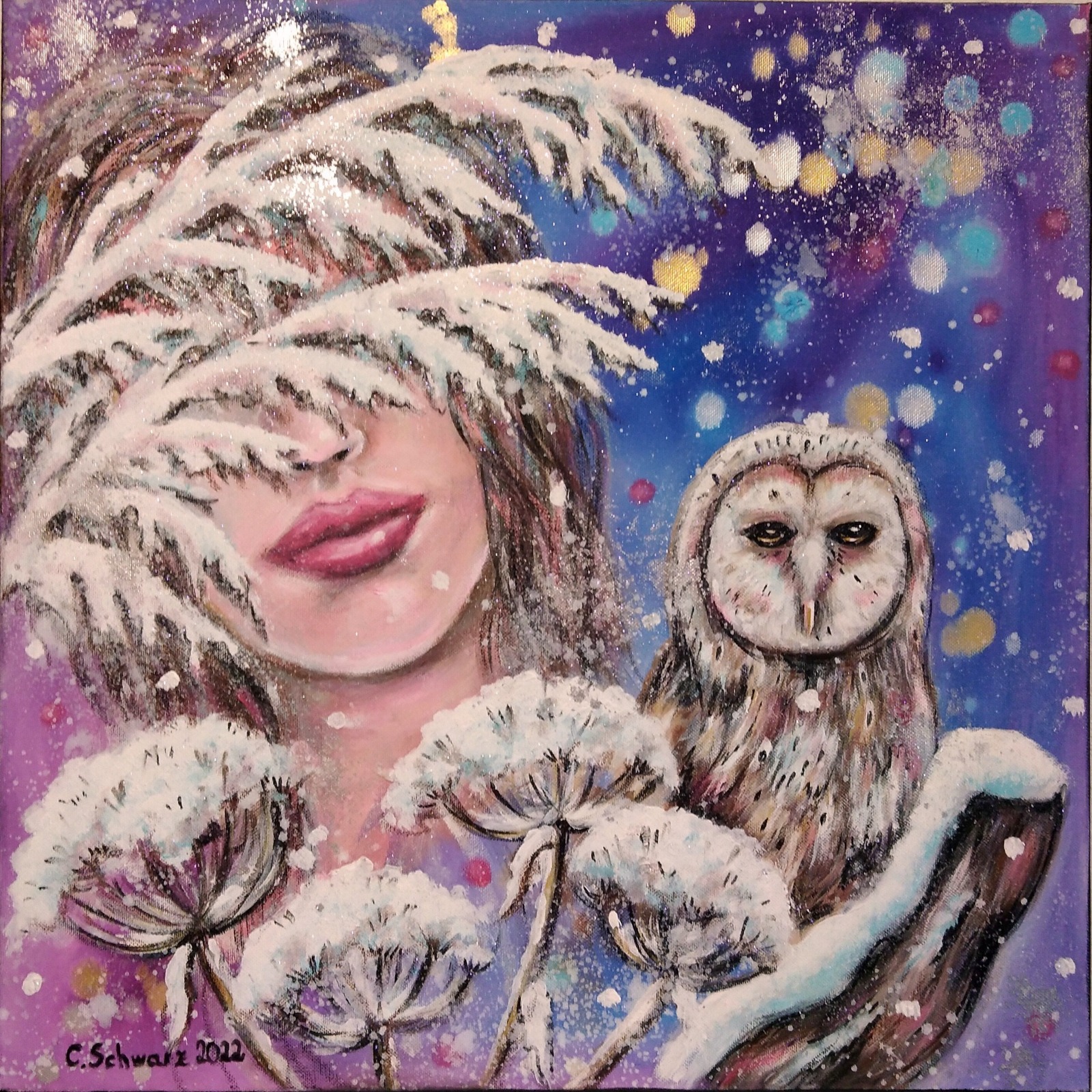 ZAUBER EINER WINTERNACHT - surealistisches Frauenportrait mit Eule handgemalt - Künstlerin