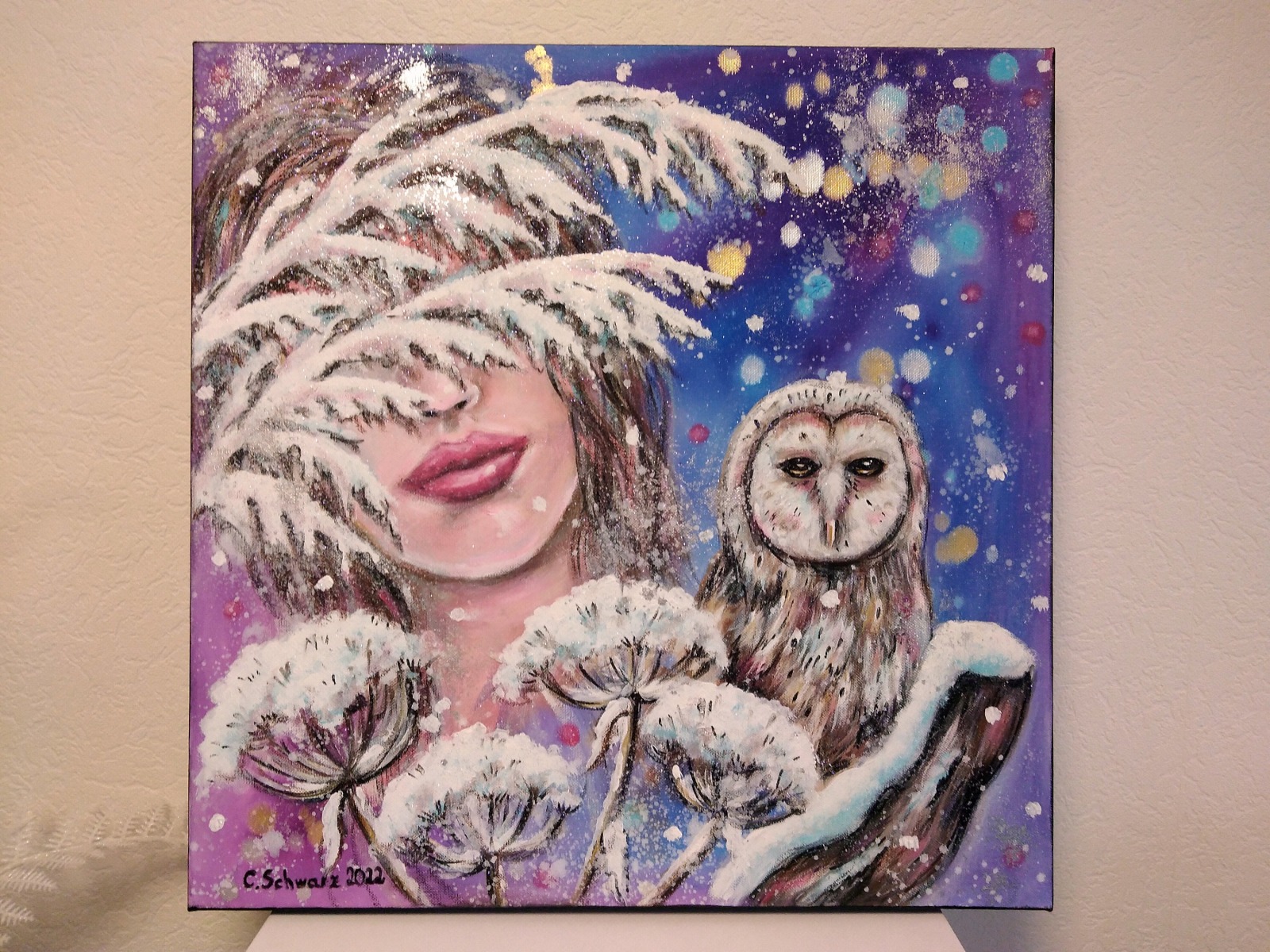 ZAUBER EINER WINTERNACHT - surealistisches Frauenportrait mit Eule handgemalt - Künstlerin