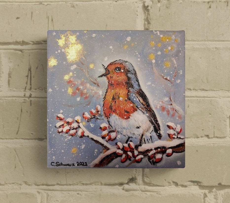 ROTKEHLCHEN - niedliches Vogelbild mit verschneiten Beeren 20cmx20cm mit Glitter - Künstlerin