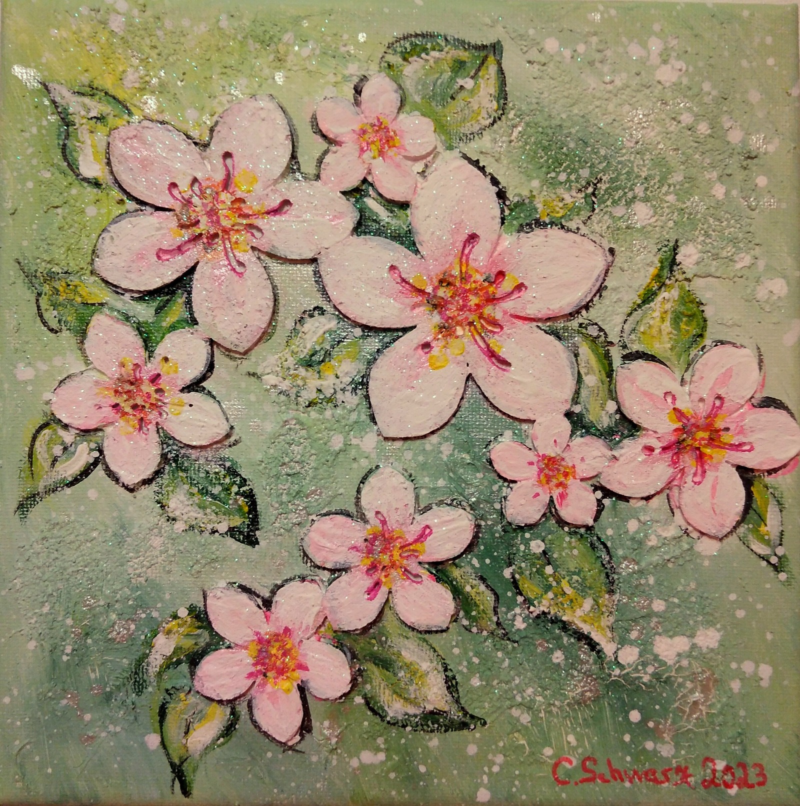 ROSA BLÜTEN - kleines Blütenbild auf Leinwand 20cmx20cm mit Glitter und Strukturpaste 6