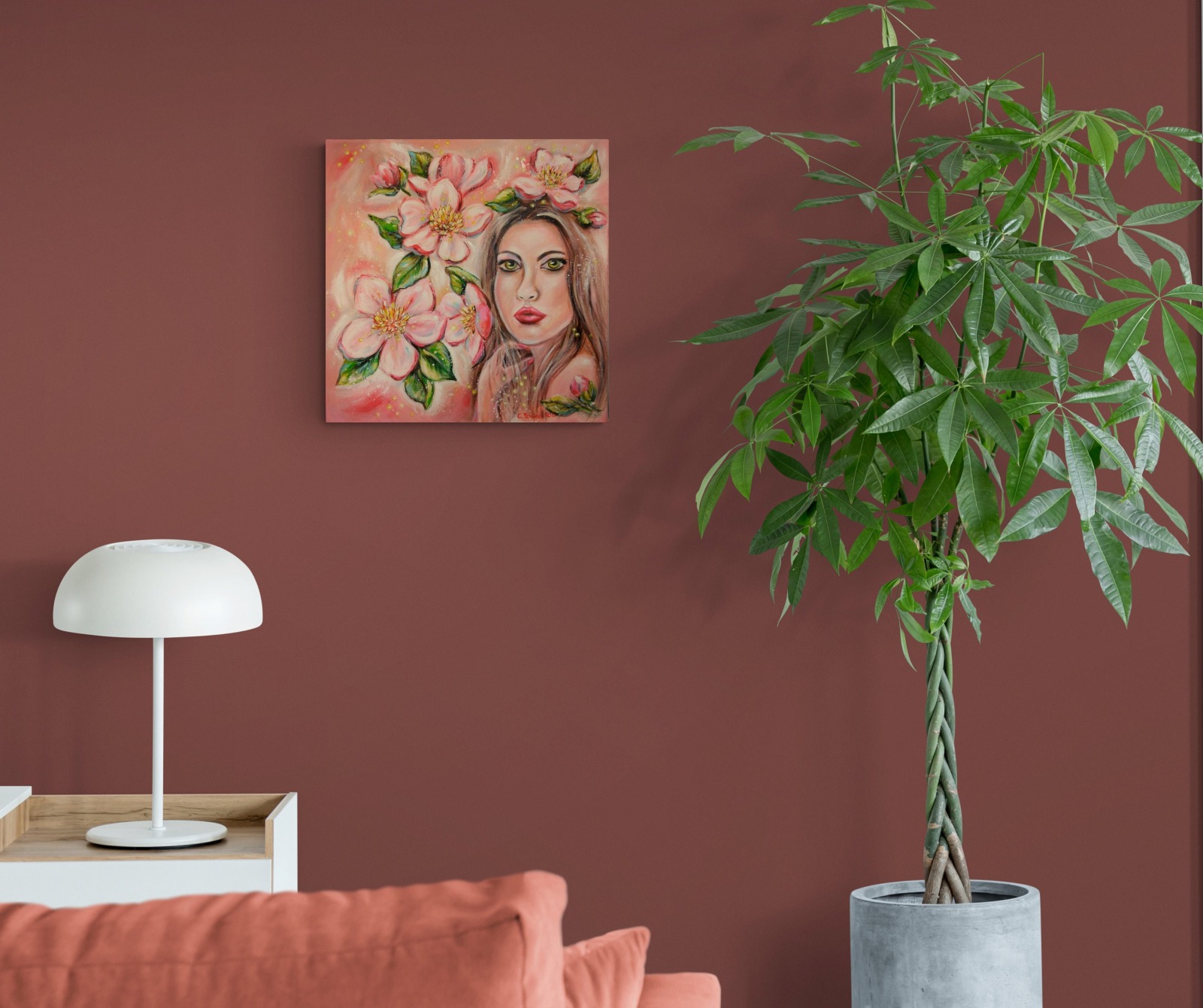 SPRING LOVE - frühlingshaftes Acrylgemälde mit künstlerischem Frauenportrait und Blüten auf