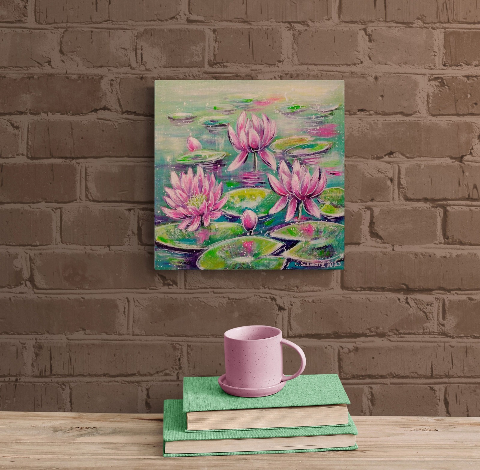 Pretty pink water lilies - hübsches Seerosenbild auf Leinwand 29cmx29cmx3,7cm Galeriekeilrahmen 3