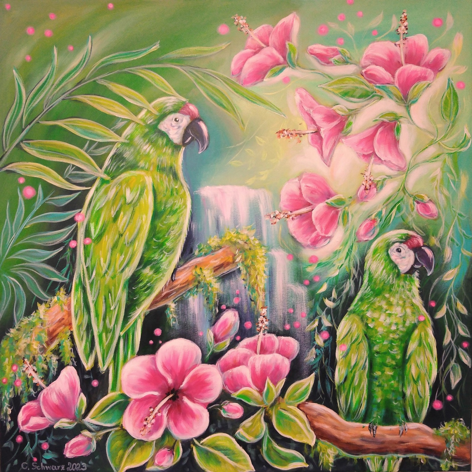 JUNGLE MAGIC - Bild mit grünen Aras und rosa Hibiskusblüten auf Leinwand 80cmx80cm 7